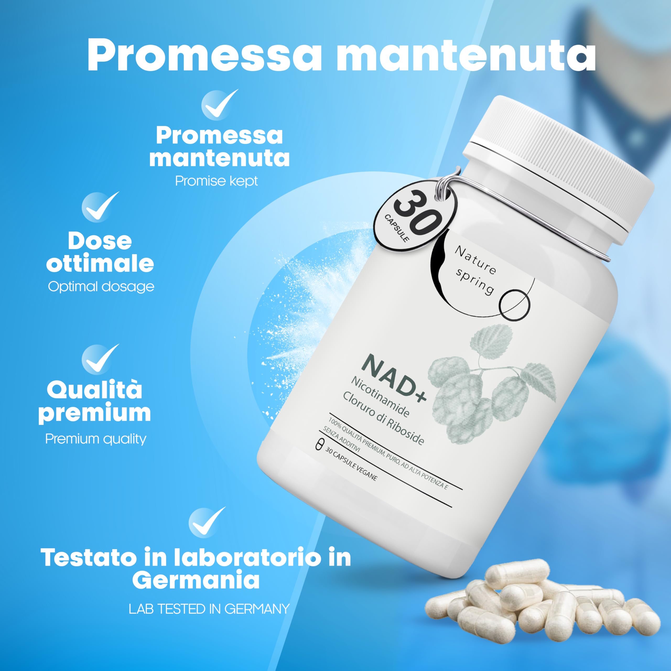 Nad Integratore Nicotinamide Riboside - 1.5 Mesi, 30 Capsule, 300mg per Capsula, Nad Nicotinamide Riboside 300 mg - Testato in laboratorio in Germania