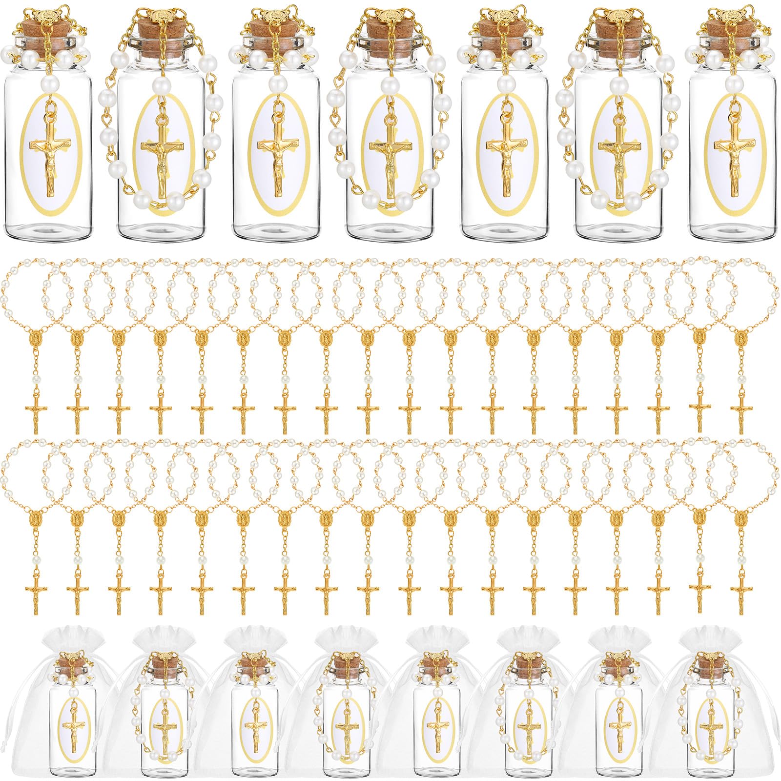 Chuangdi 36 Sets Holy Bottles Water Catholic with Cross Rosary Holy Container Water Glass Cork Stopper for Christian Church Baptism First Communion