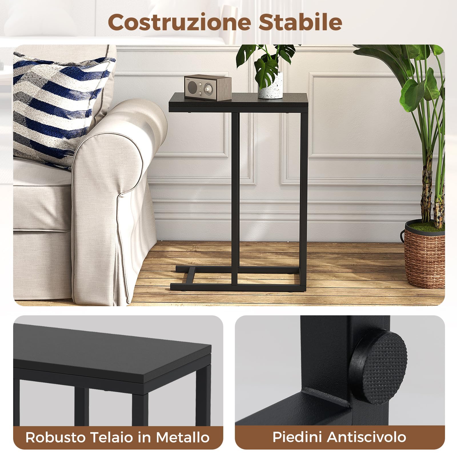 COSTWAY Tavolino a Forma di C per Divano e Letto, Tavolino Basso con Struttura in Metallo, Tavolino da Salotto e Camera da Letto, 45,5 x 25,5 x 64 cm (Nero)