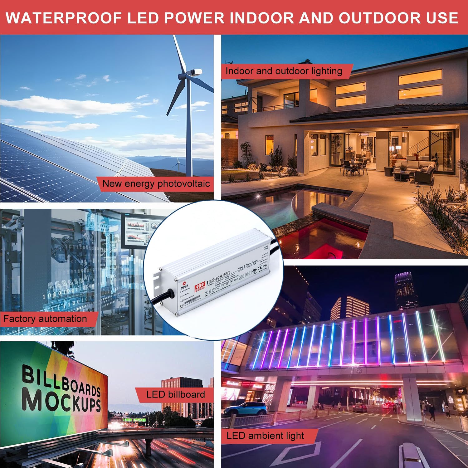 80H-36B 80W LED Driver, 36V/2.3A, Constant Current + Constant Voltage, IP67 Waterproof, 3-in-1 Dimming, 90-305VAC Input, UL/CUL/CE Listed, for LED Lighting, Industrial Automation