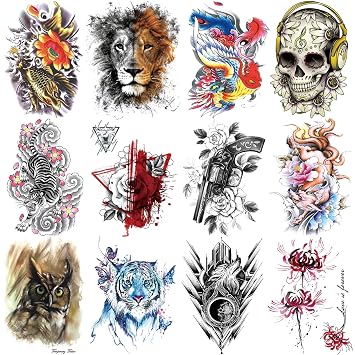 12 Sheets Temporary Tattoos for Men Women Adult, Sleeve Tattoo Stickers