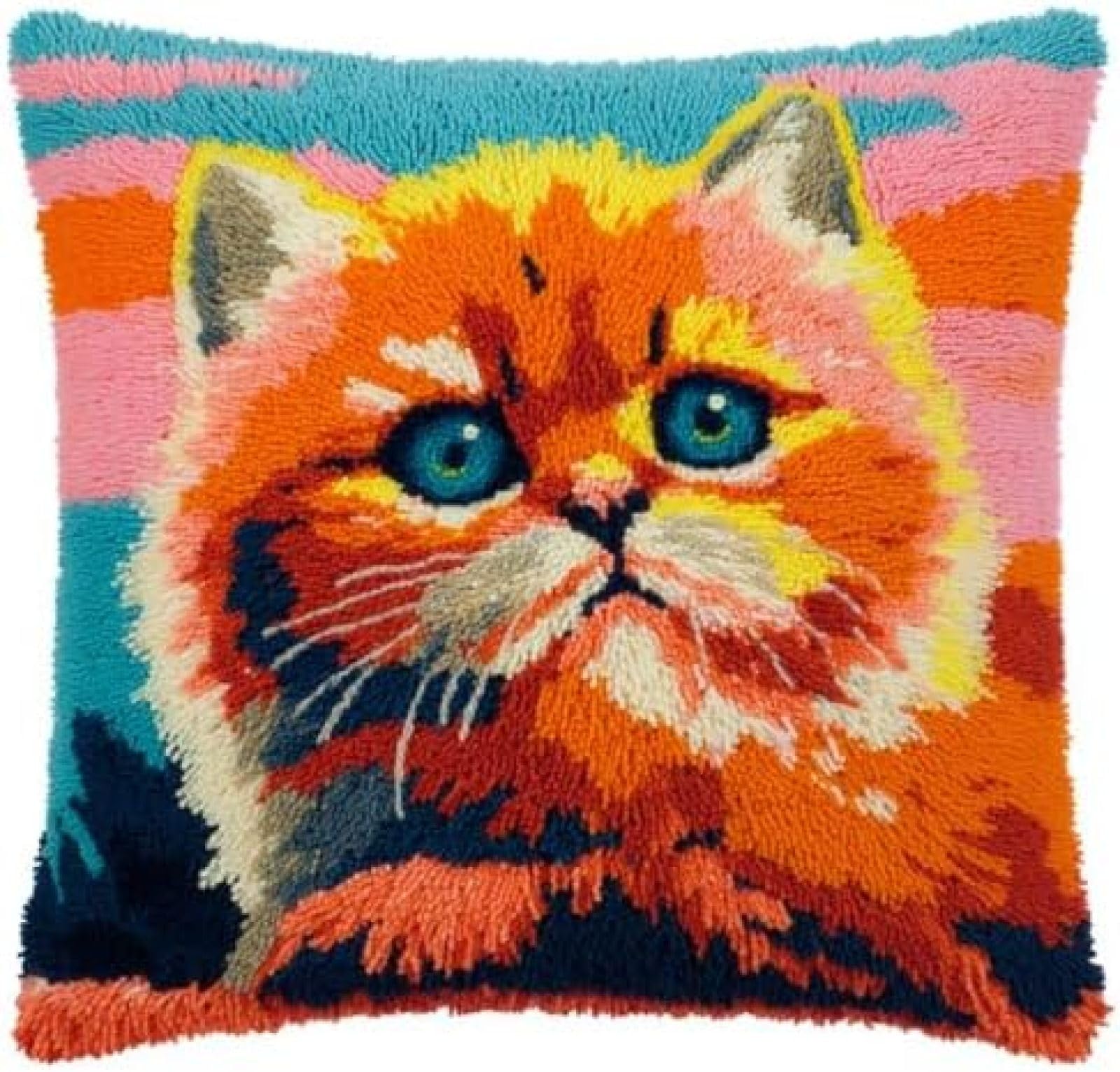 kitphoenix DIY Latch Hook Cushion Kit Persian Cat Sit and Sunset,Beginner-Friendly Rug Hooking Pillow Kit,Crochet Craft Cushion Cover for Home Decor,43x43 cm-3