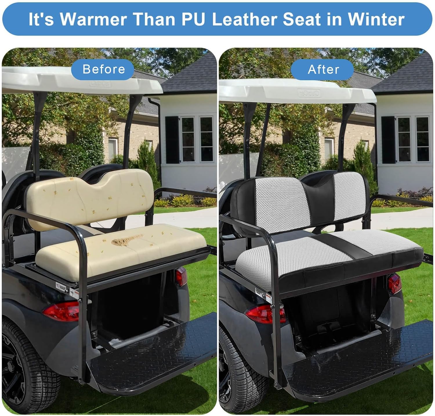 MOSNAI Golf Cart Rear Seat Covers for EZGO Club Car Yamaha Aftermarket Rear Seat Cushion, Breathable Comfortable Polyester Mesh Cloth and Leather Combination Appearance
