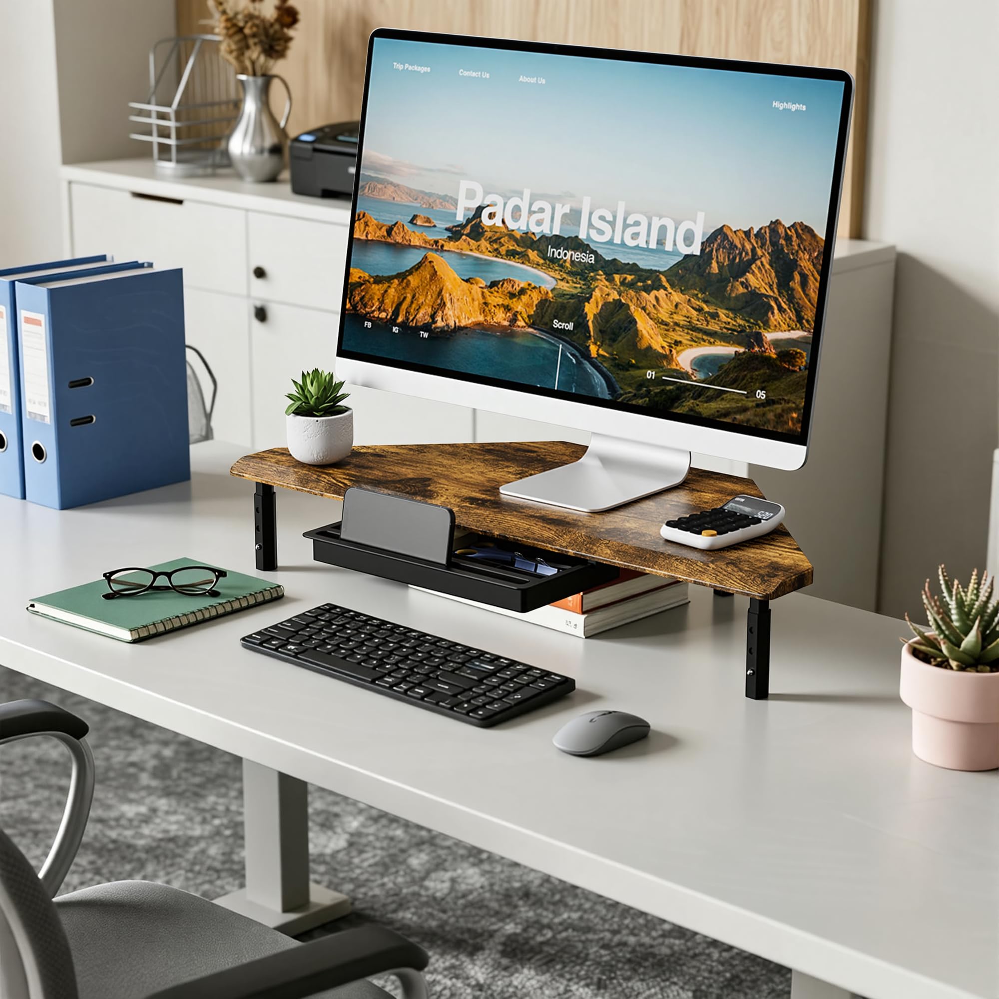 ETHU Supporto triangolare per monitor con cassetto, regolabile in altezza, per PC/laptop, supporto ergonomico per computer desktop, supporta 20 kg, noce