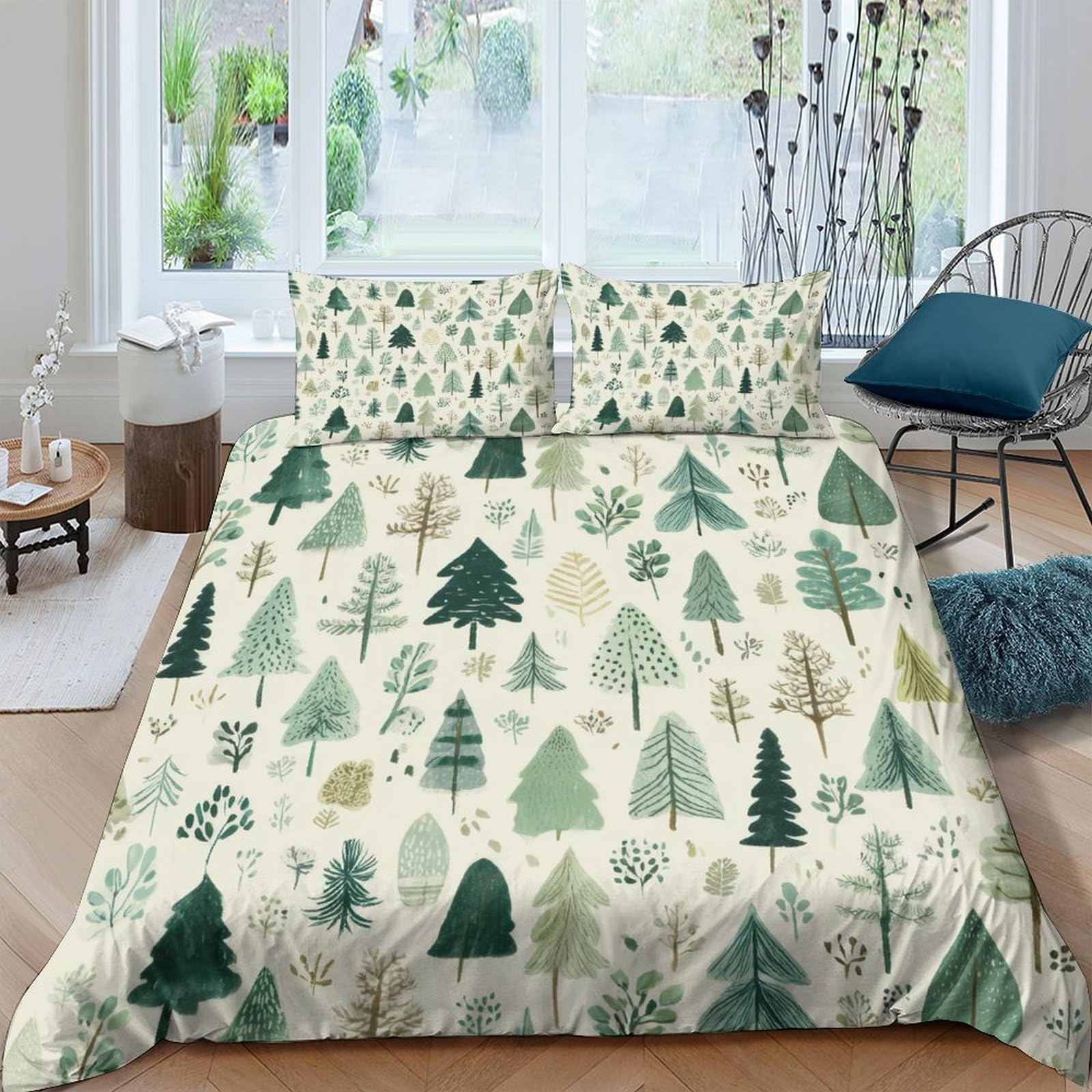 P5V6M1Q9 3D Printed Forest Pine Tree Duvet Cover Set Microfiber Soft Breathable Woodland Bedding Set with 2 Pillowcases for Bedroom Decor, Single（135x200cm）