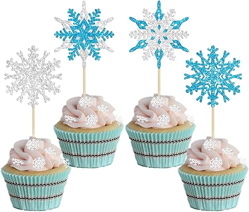 Gyufise 24 adornos de copo de nieve para cupcakes de doble capa, selecciones de cupcakes congelados, decoraciones de pasteles de invierno para