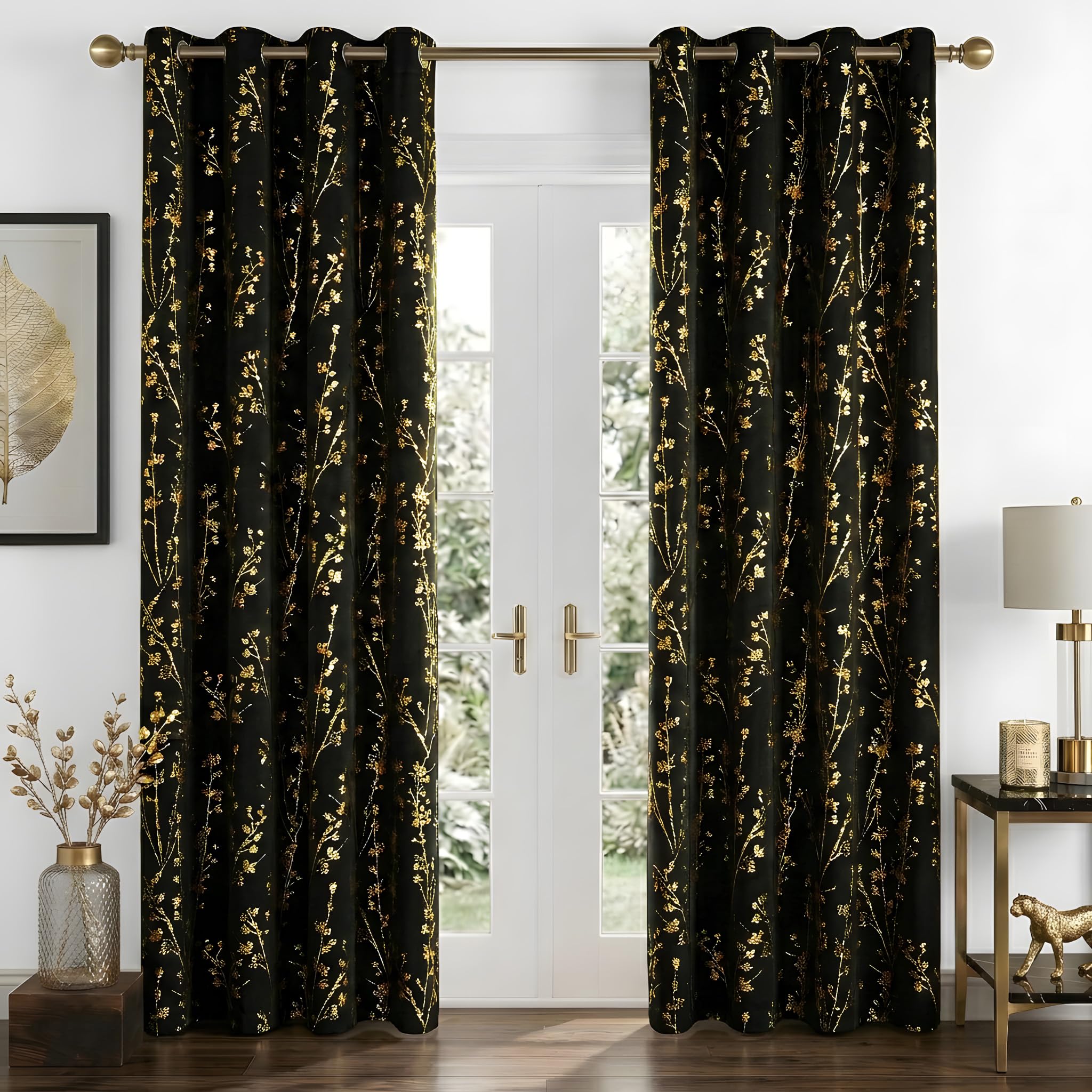 PONY DANCE 100% Black Glod Blackout Floral Curtains for Bedroom 54 inch Drop Eyelet Curtains for Living Room Tree Branch Foil Thermal Insulated Window Drapes, 2 Panels, 46 x 54 inch โ image 1