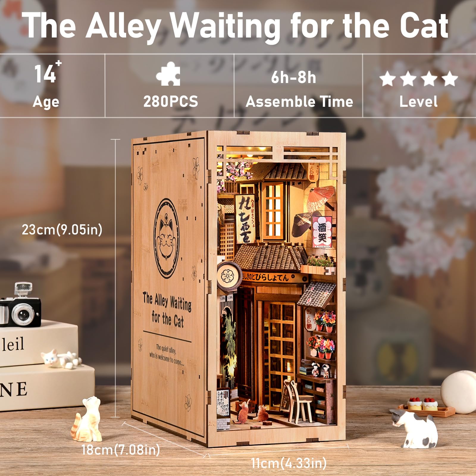 Book Nook Kit dla dzieci i dorosłych, model w stylu japońskim Alley Waiting for the Cat, miniaturowe drewniane puzzle 3D ze światłem LED, kreatywna dekoracja domu i oryginalny prezent