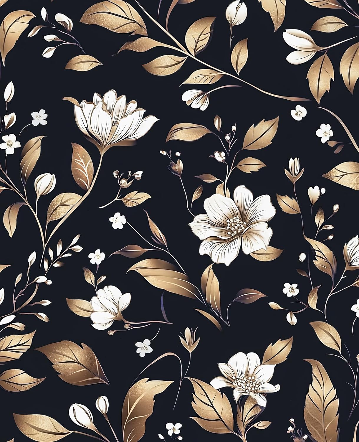 Extra Long Vintage Gold Wallpaper, 17.5" x 393" Classic Black and Gold Floral Self-Adhesive Vinyl Contact Paper for Bedroom, Powder Room, Countertop, Removable Antique Dark Metallic Home Decor