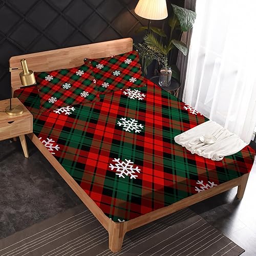 Miniatura 2 de Sábanas de copo de nieve de Navidad tamaño Queen, sábanas de cama a cuadros rojos y verdes, sábanas de microfibra suave, bolsillo profundo, sábanas