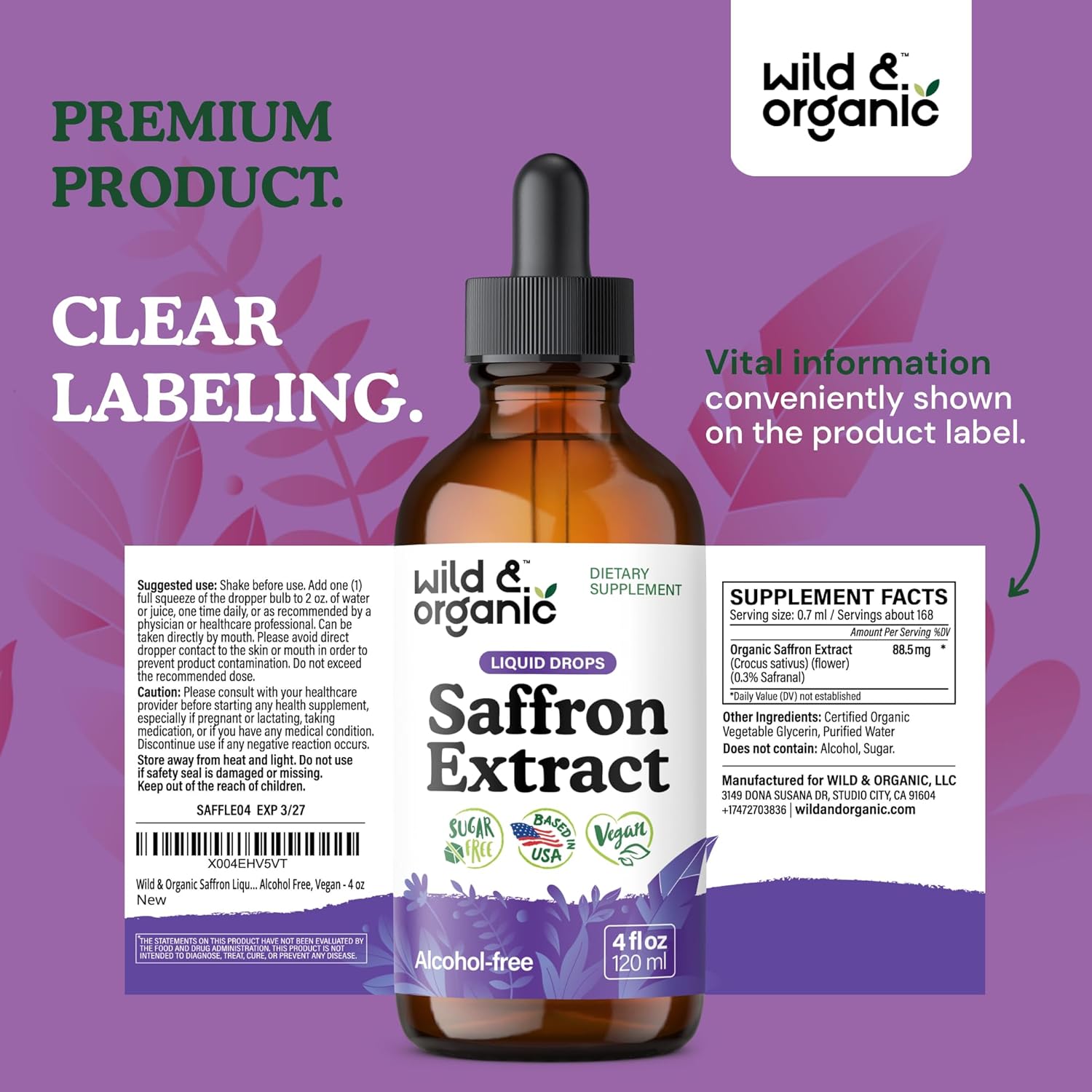 Wild & Organic Saffron Supplements 88.5 mg - 5-Month Supply - Saffron Extract Drops for Mood, Focus, Eye Support - Crocus Sativus Liquid Extract - Vegan, Alcohol & Sugar-Free Tincture - 4 fl oz - Image 9