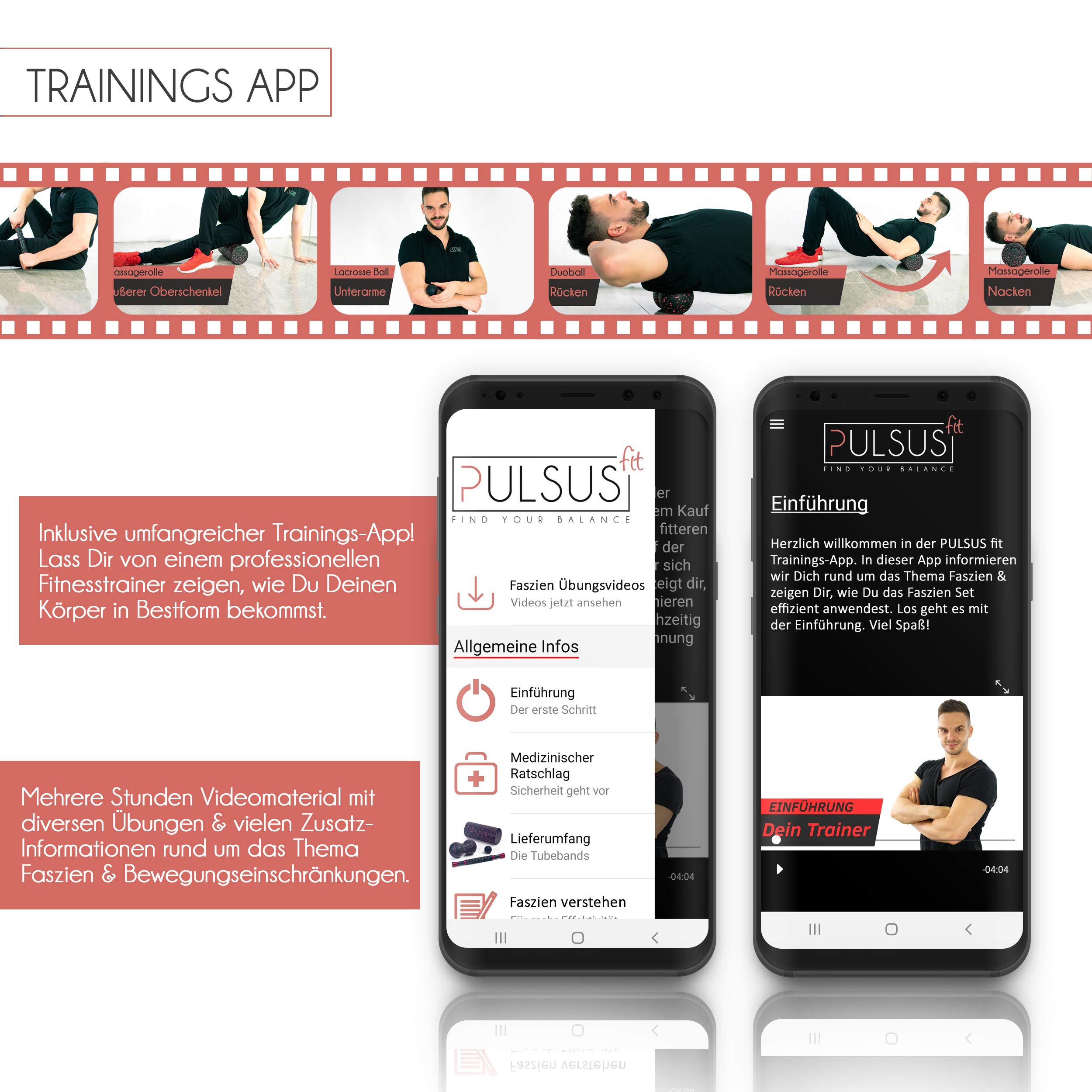 Faszien Set mit Übungsvideo App: Muskelroller, Duoball, Faszienrolle & Lacrosse Ball zum Faszien Training der Muskeln und Schmerztherapie
