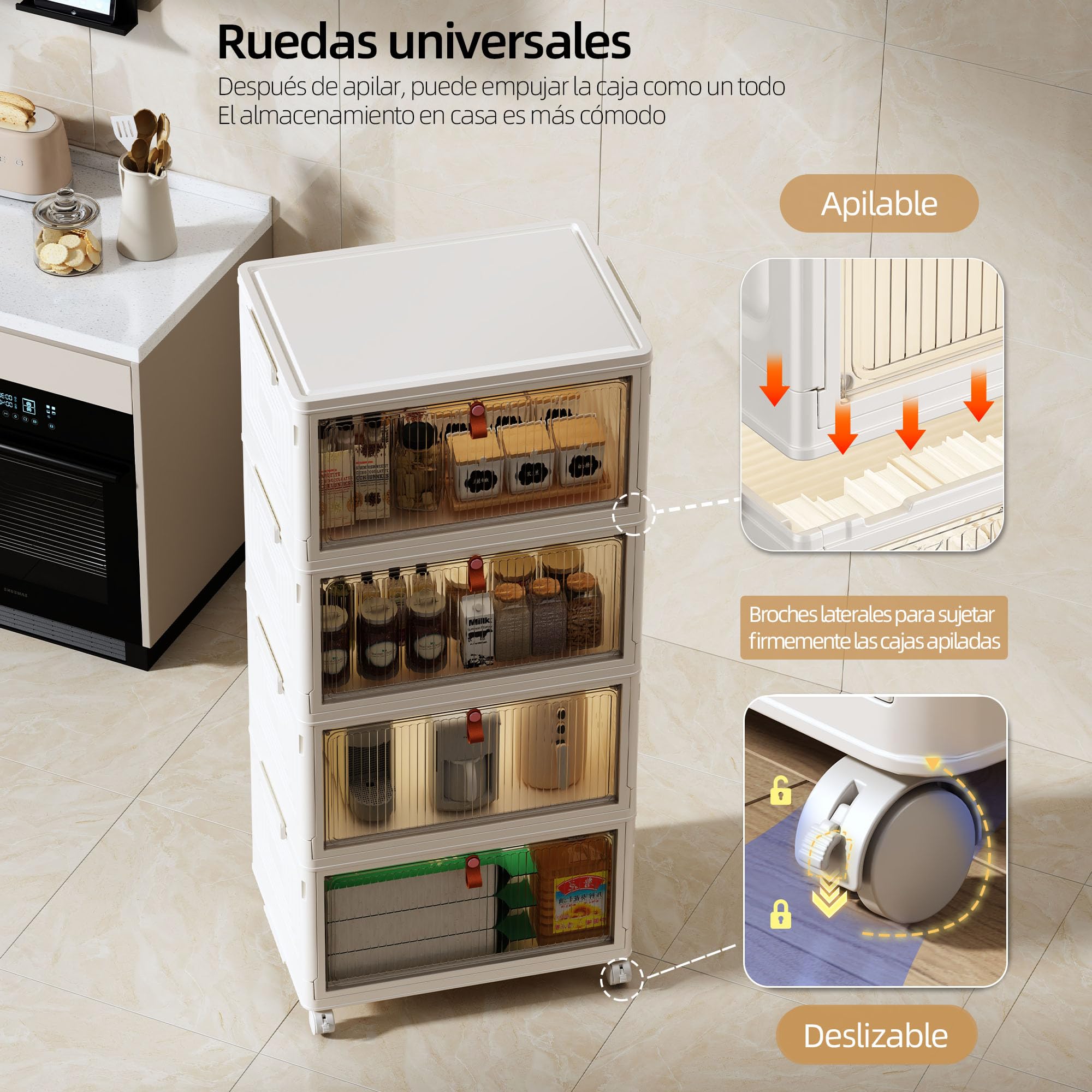 NETEL Cajas Almacenaje Plastico, 47L 4 Unidad Caja Almacenaje con Tapa, Caja Plegable Plastico, Caja Almacenaje Apilables con Ruedas，Apto para dormitorios, salones y cocinas.