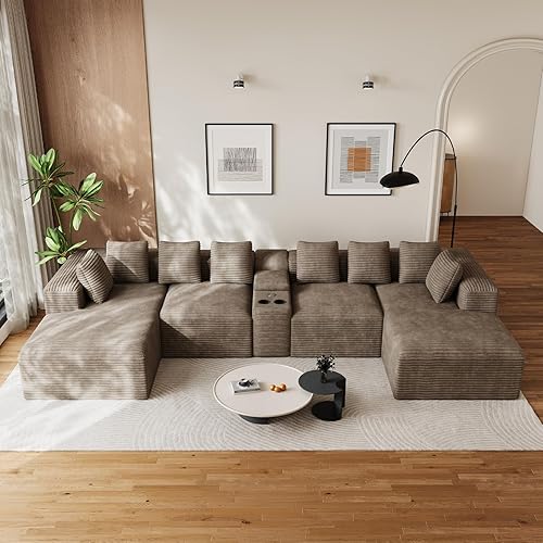 143" Oversized U Shaped Cloud Sectional Couches for Living Room, Comfy Fluffy Corduroy Light Brown Boneless Couch, Large Modular Sectional Sofa Set with Chaise, Cup Holder, USB Port, Storage Console