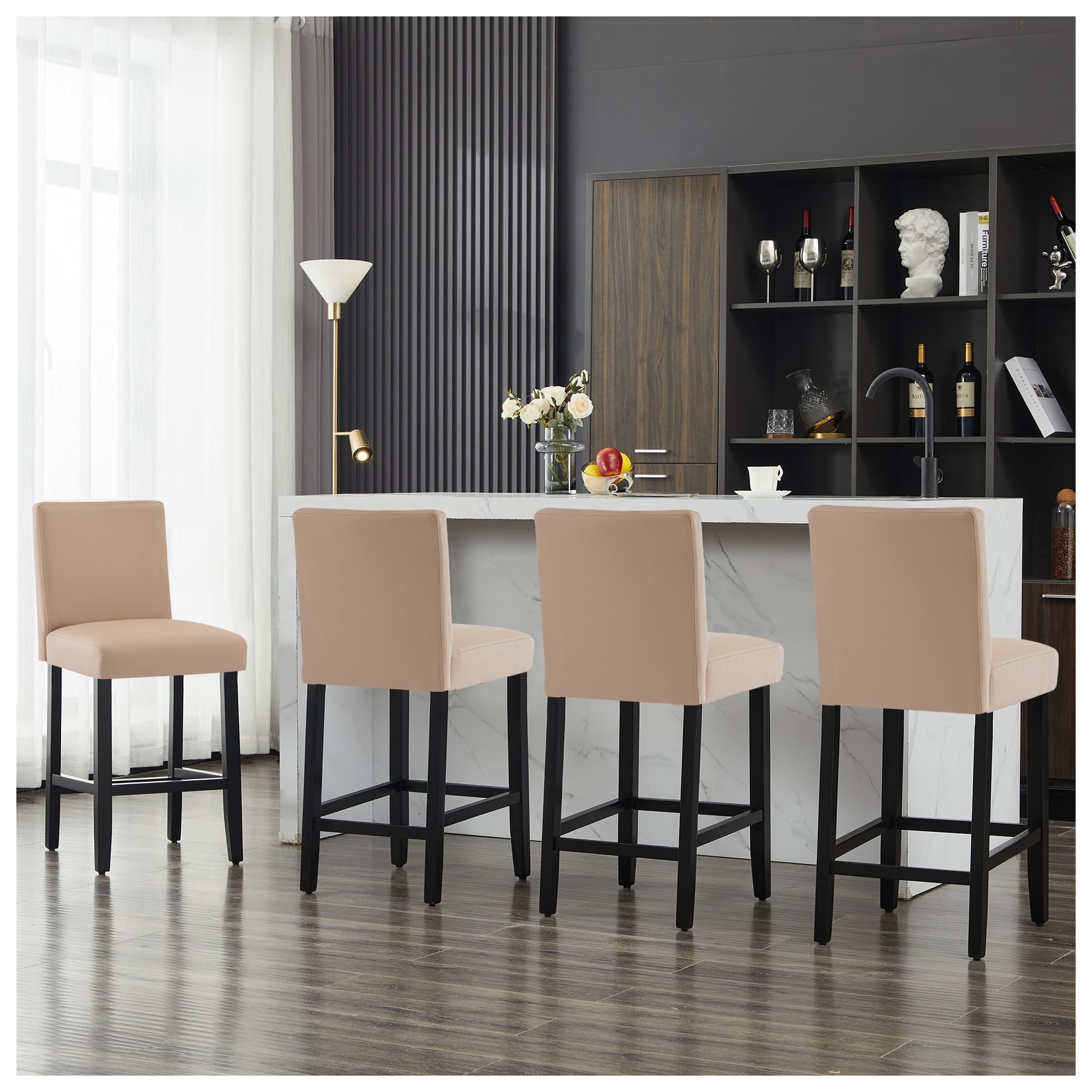 26'' Faux Leather Bar Stools Set of 4, Modern Upholstered Bar Chairs with Back, Soild Wood Legs Barstools for Kitchen Island, Light Brown