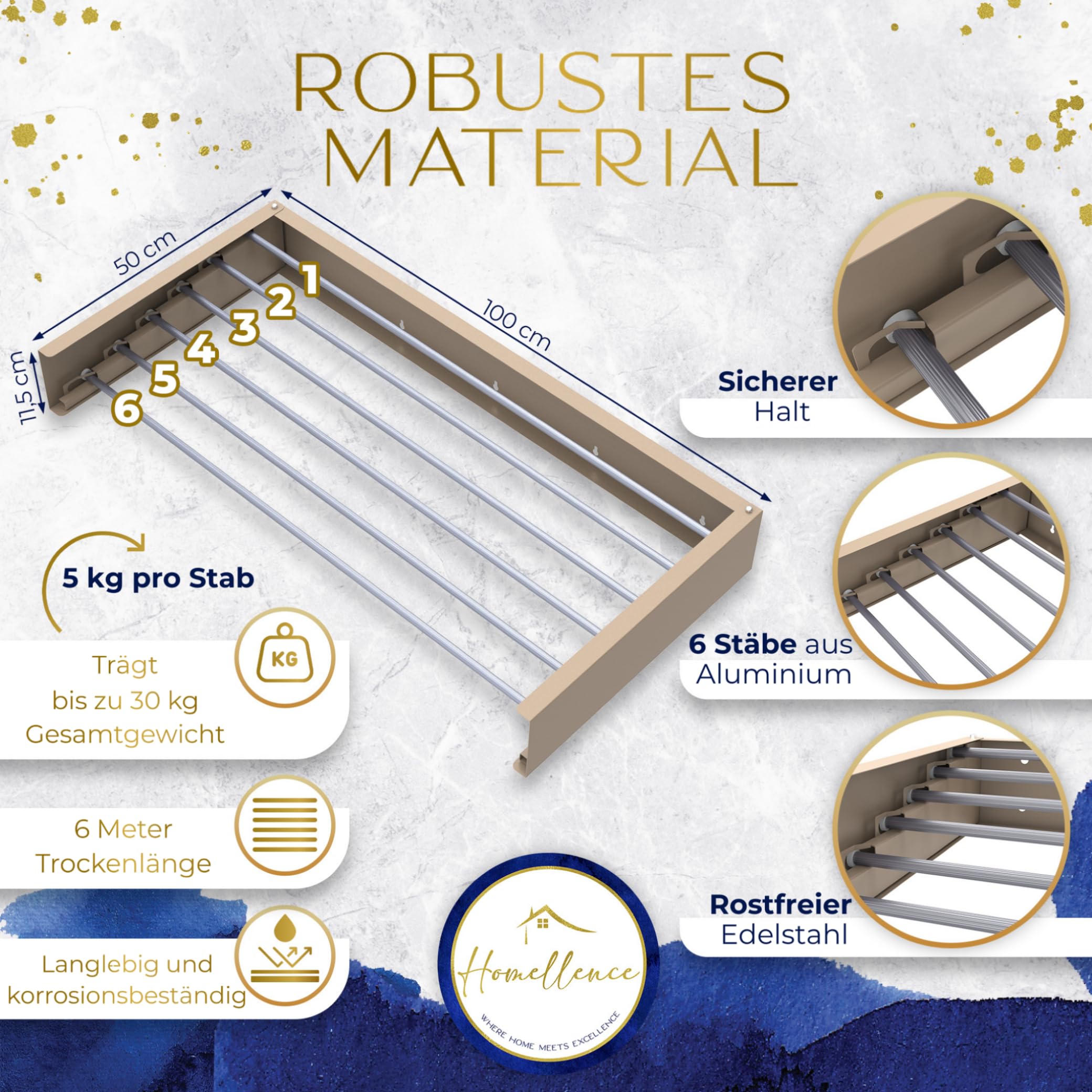 Homellence - Eleganter Wäscheständer Wand ausziehbar - Wandwäschetrockner ausziehbar platzsparend - Robuster Wäschetrockner Wand - Wäscheständer Wandmontage mit 6m Trockenlänge (100 cm, Cappuccino)