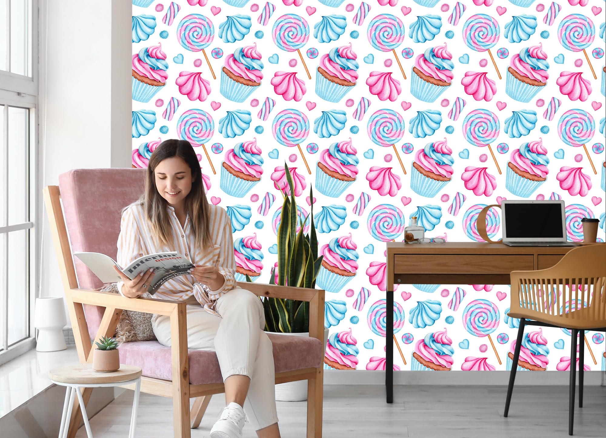 Vliestapete Bunte Cupcakes und Lollis 50 x 1000 cm | Appetitliche Genussdarstellung; Lebendige Küchenkulisse; Frischer Farbakzent; Kleister im Set