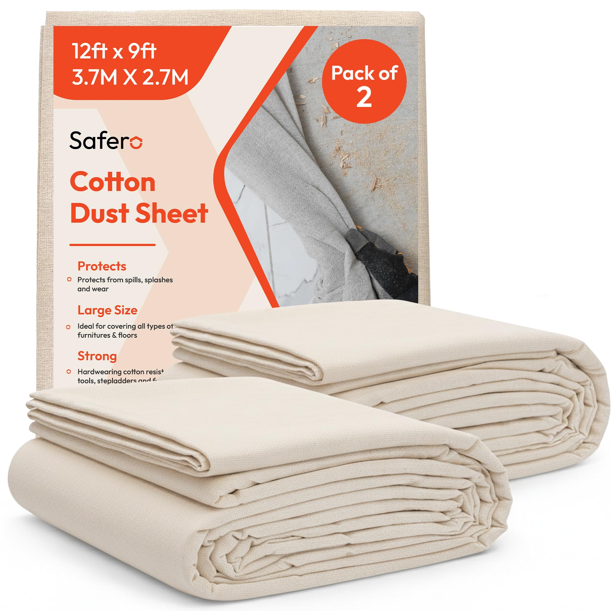 Pack of 2 Cotton Dust Sheets for Decorating & Painting Sized 12 feet x 9 feet (3.6mx2.7m) - Drop Cloth Paint Cover Sheets for Painters, Furniture, Floor, Staircase Reusable and Washable