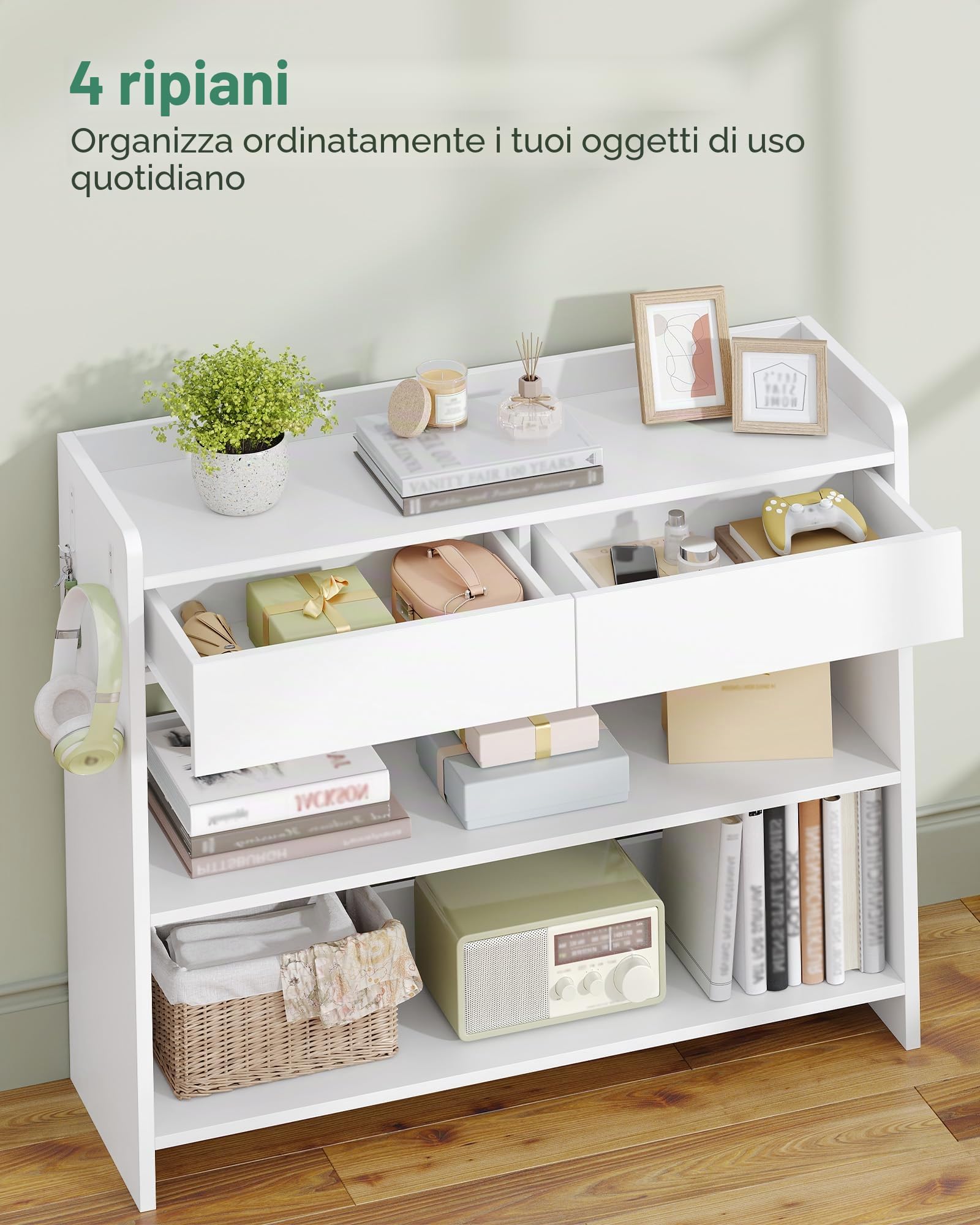 Hzuaneri Tavolo da Console con Ripiani e Cassetti, Mobile Ausiliario in Legno, Due ganci su ogni lato, per Soggiorno, Ingresso, Corridoio, 100×30×80 cm, Bianco CT01603X