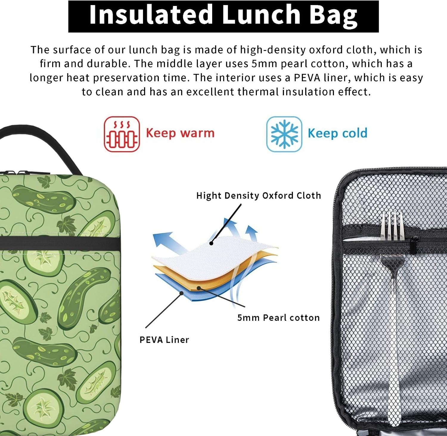Crisp Cucumber Delight Lunch Box for Women Men, Insulated Lunch Box, Reusable Lunch Bag for Office, Work, Picnic, Travel