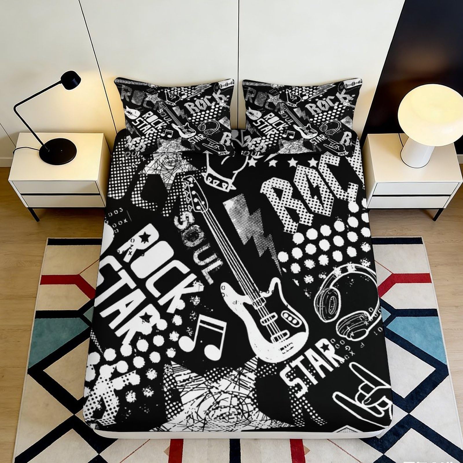 3D Printed Rock Guitar Fitted Sheet Microfiber Soft Black White Music Notes Mattress Cover for Bedroom Dorm Décor 90x200x25cm