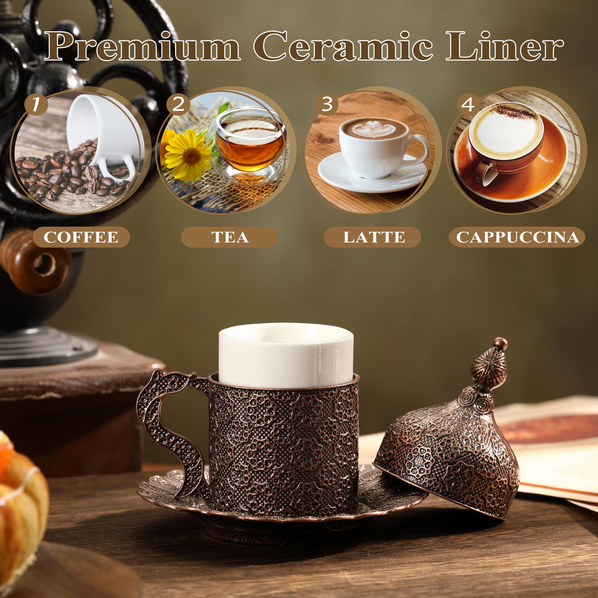 Amazon.com | 2 Pack 2 Oz Metal Porcelain Espresso Cup Set with Lid and  Saucer, Turkish Greek Arabic Coffee Cup for Tea, Latte, Mocha, Gift Set for  Men Women (Antique Copper): Coffee