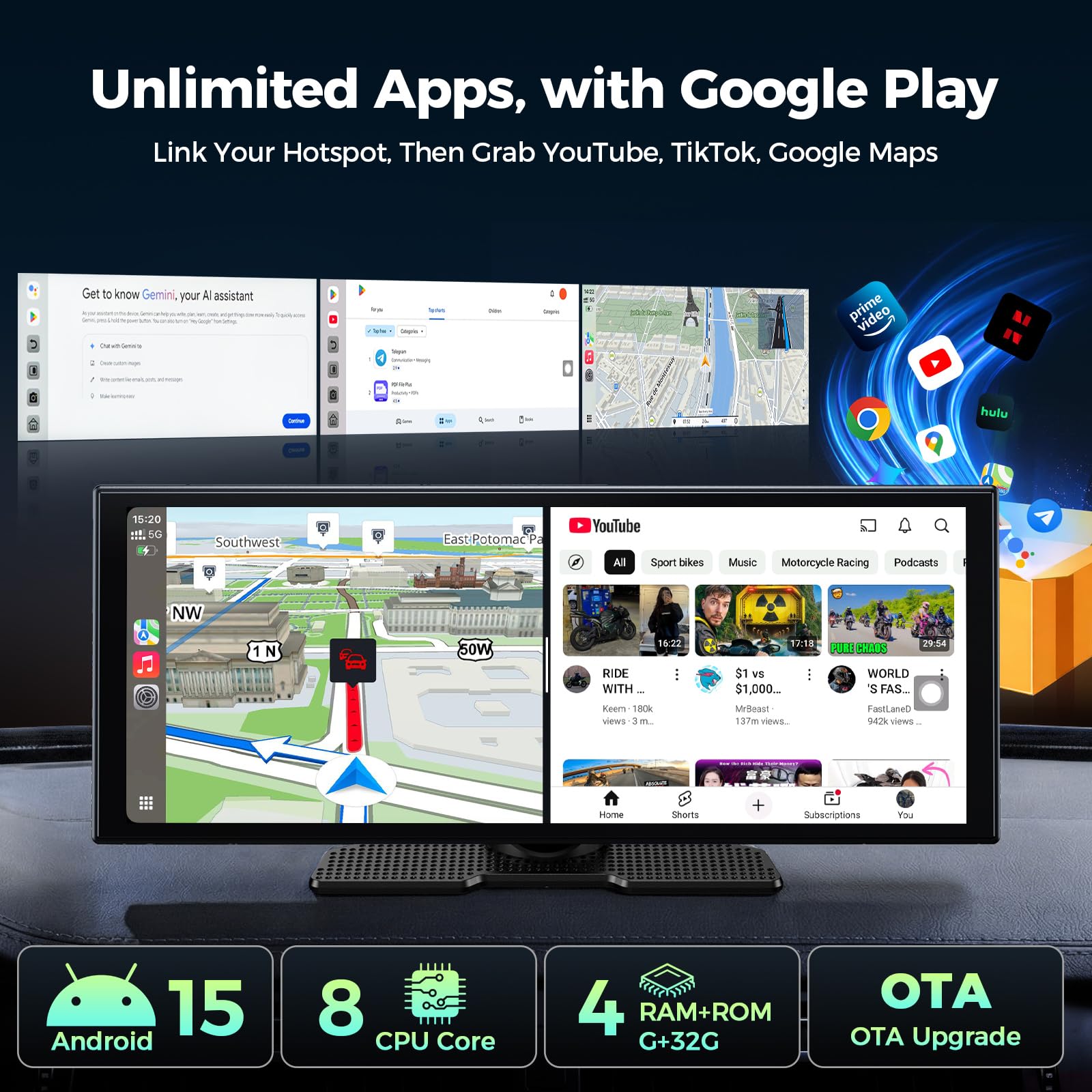LAMTTO 11″ Pantalla CarPlay Coche Android 15 con Google-Play y Gemini AI | CarPlay/Android Auto Inalámbrico Portátil Autoradio, 4GB+32GB 8 Núcleos, GPS Online/Offline, Cámara 1080P, AirPlay/FM/OTA