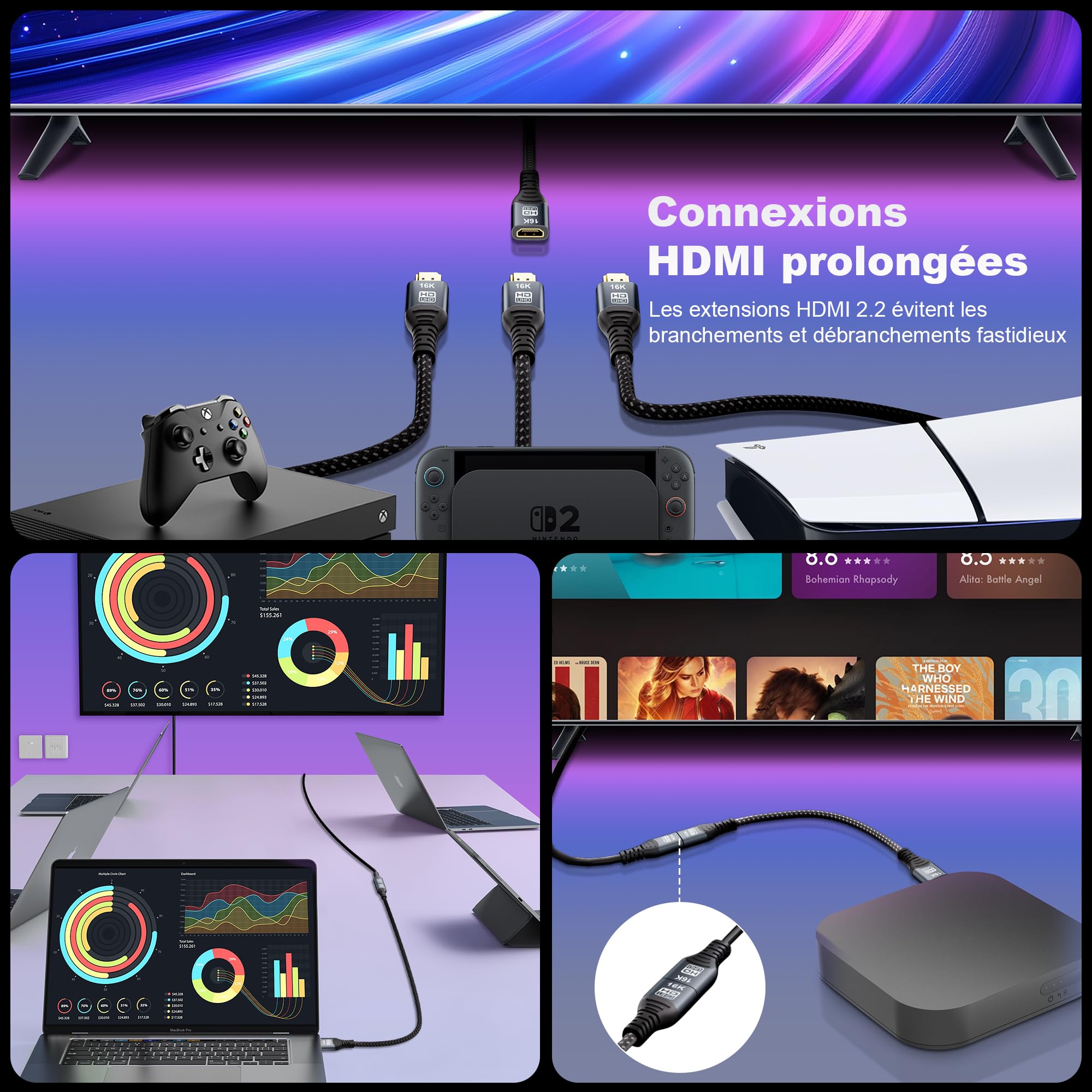 CAKOBLE Câble Prolongateur HDMI 2.2 0.5m, 96Gbps Ultra High Speed,16K@60Hz 8K@240Hz 4K@480Hz,HDMI 2.1,eARC, HDR10+, Dolby Atmos/Vision, HDCP 2.3,Mâle vers Femelle,pour TV PS5 Xbox Moniteur