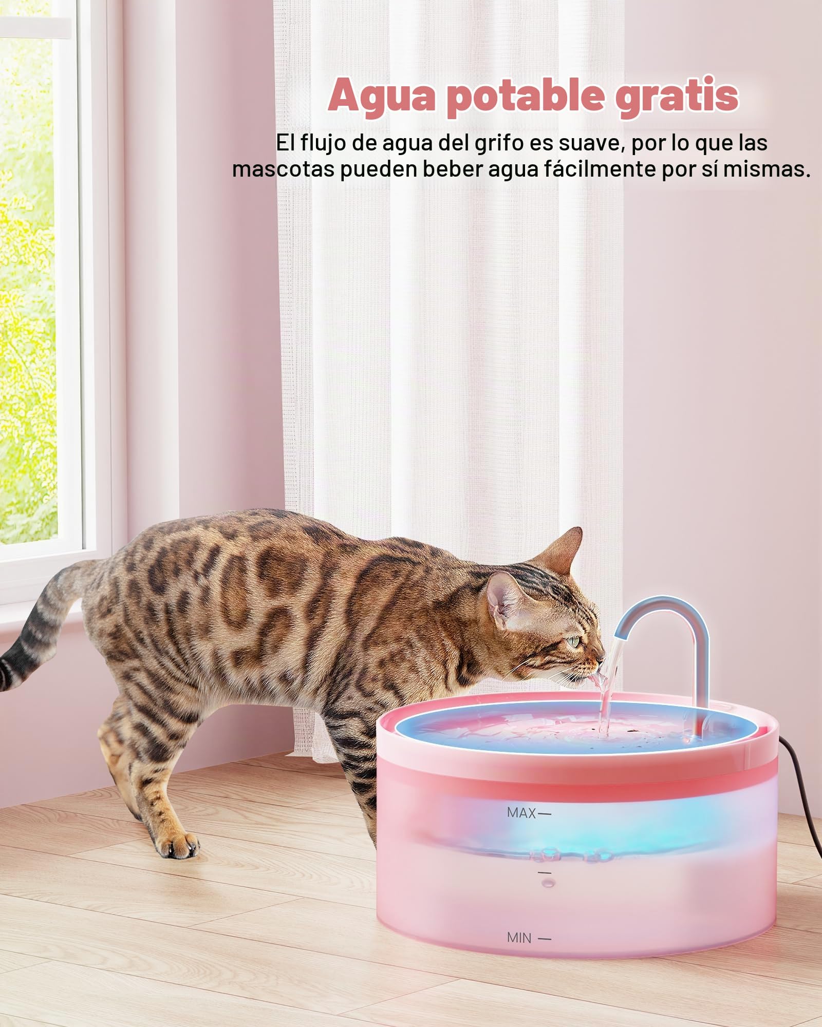 Fuente de agua rosa para gatos: con 6 filtros de carbono + 3 filtros de esponja, fuente de agua para mascotas BEMOONY de 3,2 l, fuentes de agua silenciosa para interiores, fuente de agua para gatos y | BEMOONY Fuente de agua para mascotas de 3,2 l, fuente