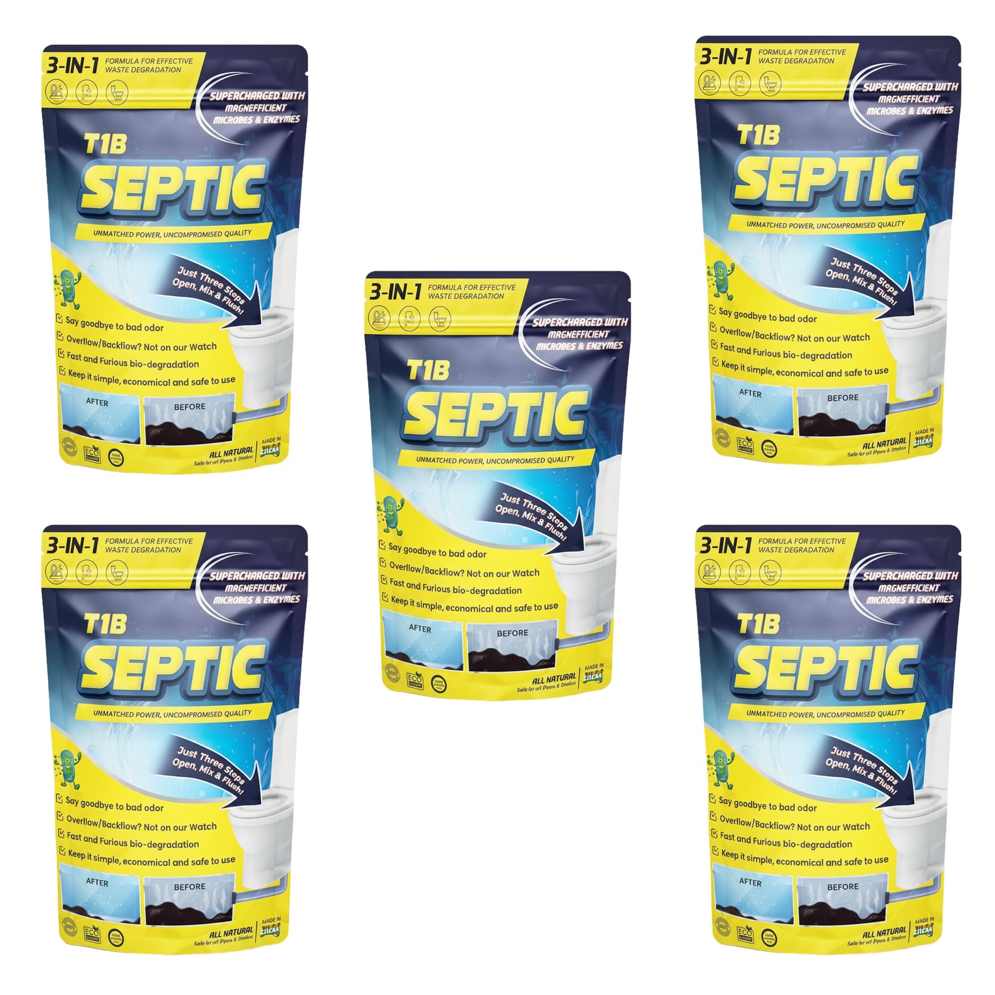 T1B Septic | 100X Powerful Formula | Rapidly Degrades Sludge & Eliminates Odour | Septic Tank Treatment Powder| Pack of 5 (1.25 Kg)