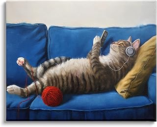 Stupell Industries Cat Couch Relaxing Red Yarn Ball Pet Portrait Canvas Wall Art, 48 x 36, Blue