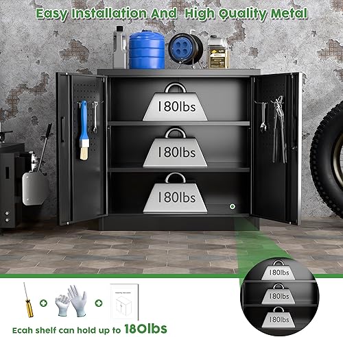 Miniatura 6 de Armario de almacenamiento de metal con cerradura, armario de garaje de metal con cerradura con tableros de clavijas y ganchos para garaje, almacén,
