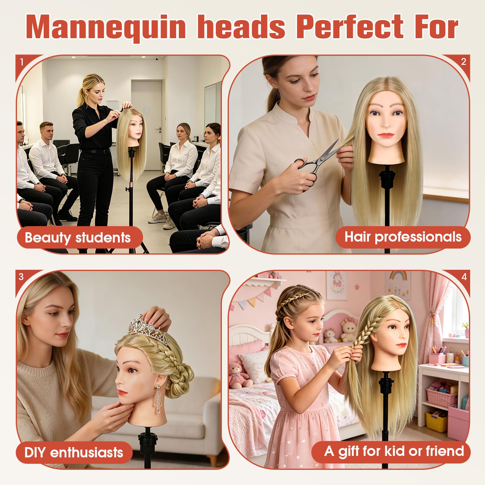 TopDirect Friseur Übungskopf 66cm 80% Echthaar-Mix, Sandblond, Frisierkopf