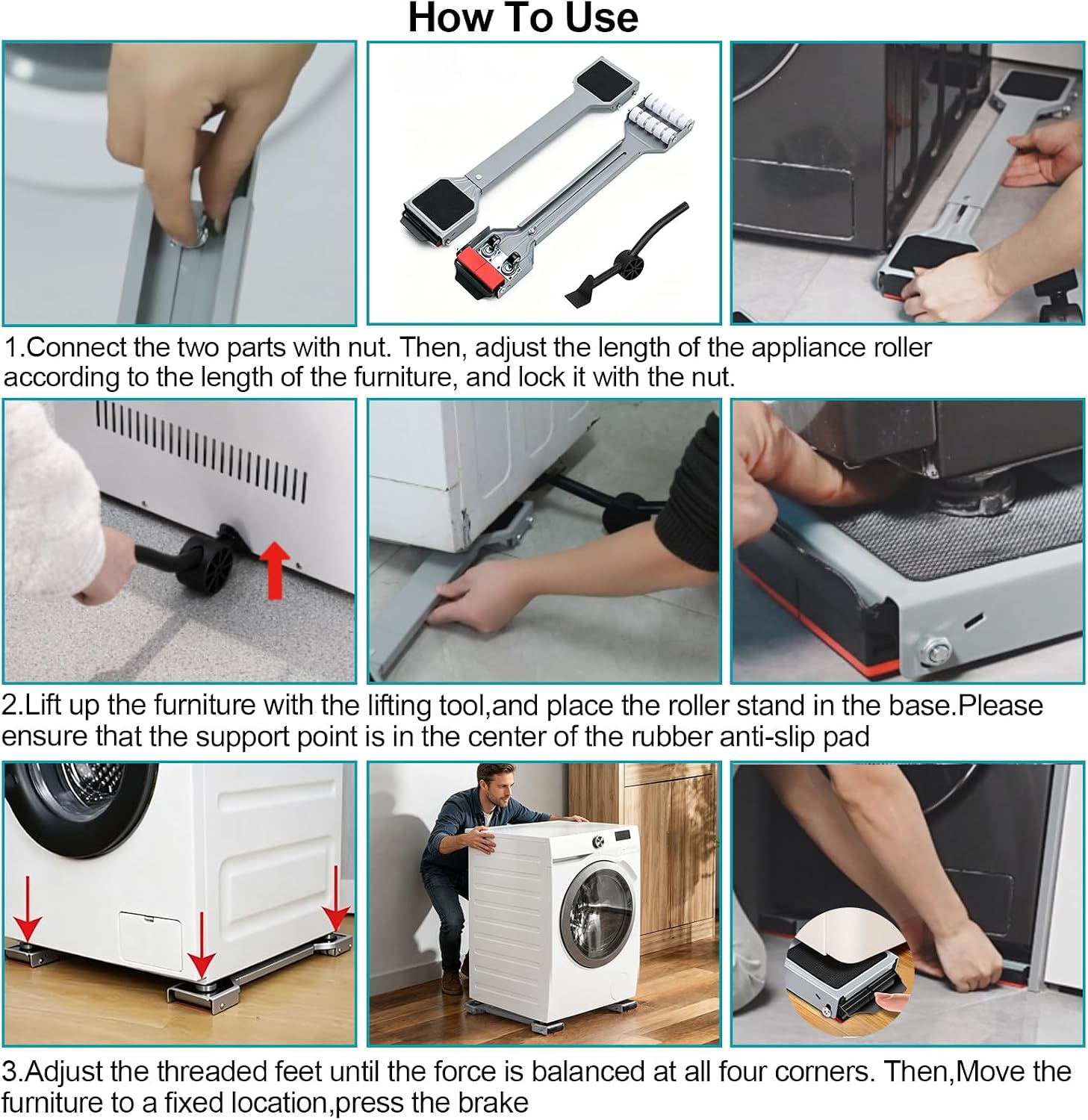 Appliance Rollers Heavy Duty,Extendable Widened Appliance Sliders Swivel Wheels and Anti-Slip Column Feet&Lifter Lever Tool,Easily Move Washer,Dryer Machines,Furniture, Refrigerators Base Stand
