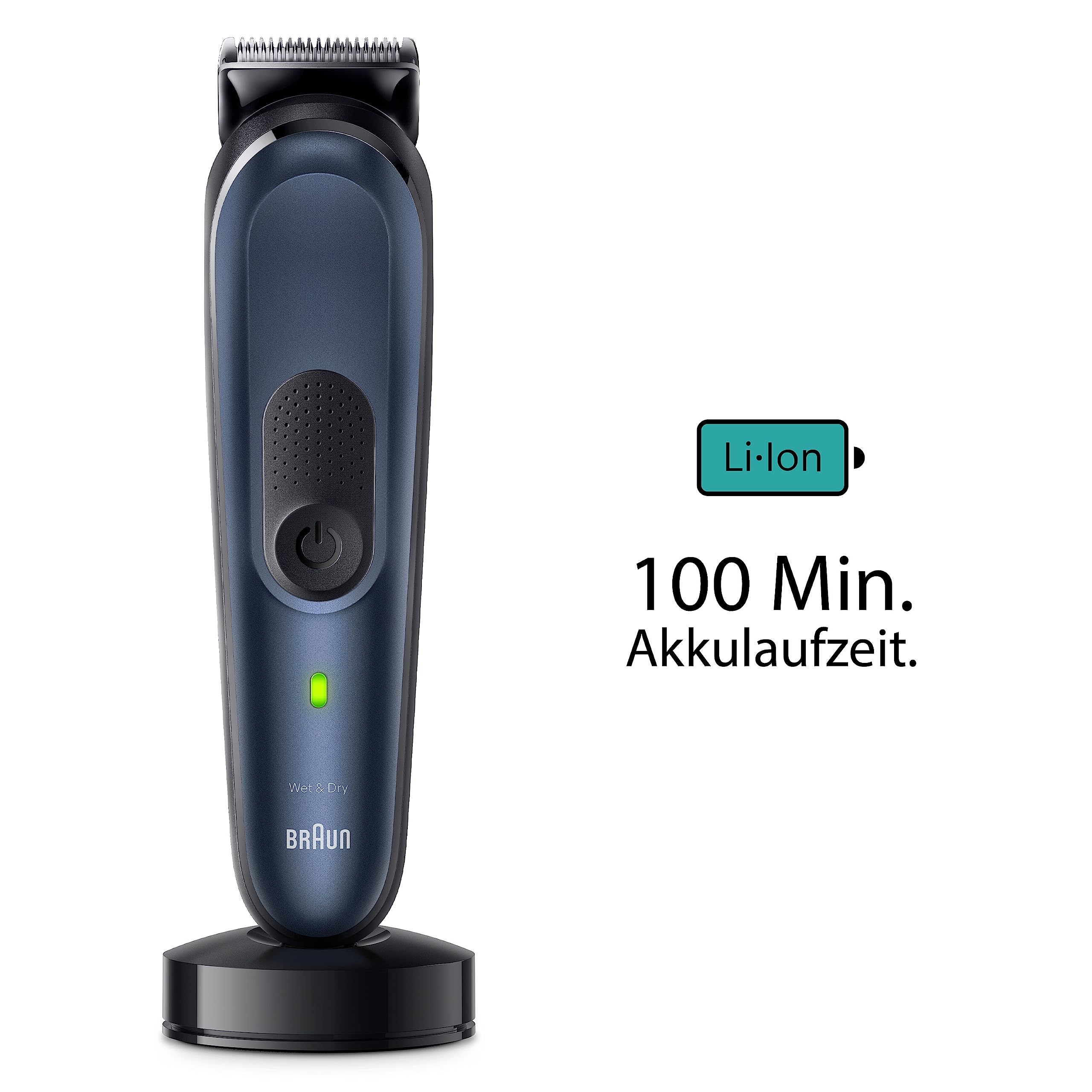 Braun All-In-One Trimmer-Set 7, 11-in-1 Multigroom, Barttrimmer, Nasenhaartrimmer, Haarschneidemaschine für Gesicht, Kopf und Körper, 100 Min. Akku, 14 Längen (3–21 mm), Wasserdicht, MGK7450, Blau