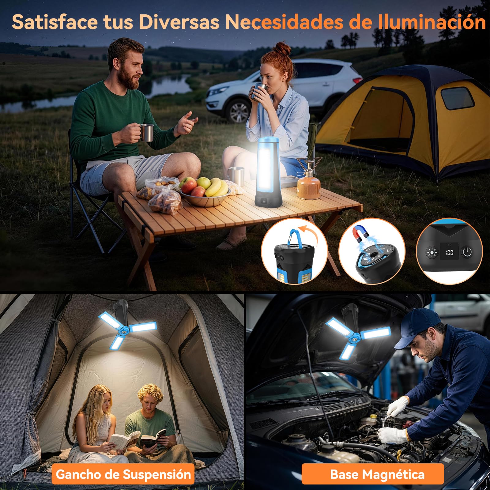 12000 mAh Foco LED Recargable con Trípode, 5000 LM Foco LED Exterior Batería, Luz Recargable Portátil Regulable & 5 Modos, Lámpara de Trabajo Ajustable para Construcción Taller Camping (Azul)