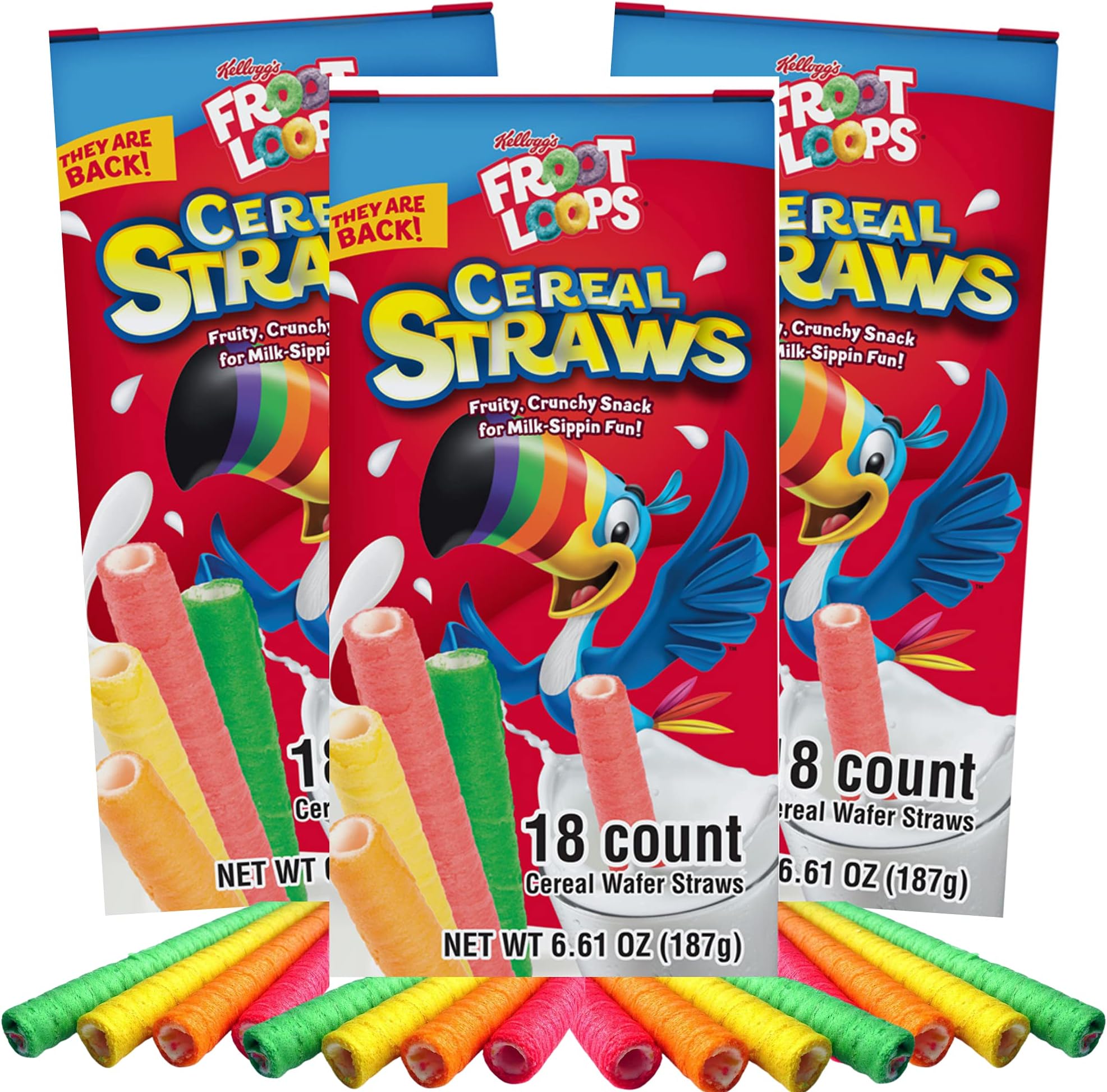 2025 Kellogg's Cereal Straws Froot Loops Edible Breakfast Straw Alternatives for Milk, 90's Childhood Nostalgic Treat for Drinking and Eating, Cereals for Kids, Pack of 3, 18 Count