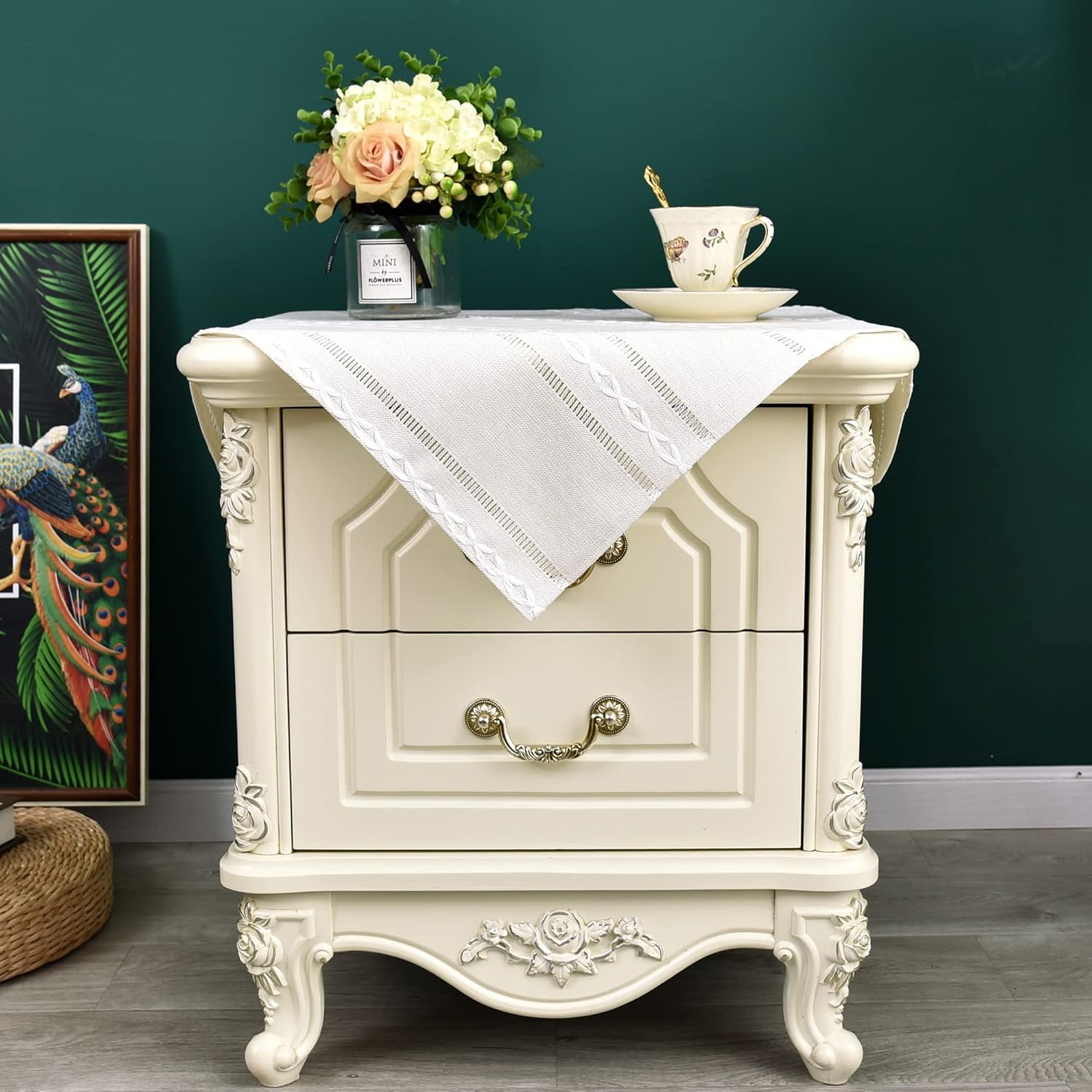 NEWISHER Rustic Farmhouse Embroidered Small Square Tablecloth Jacquard Striped Table Cloth Linen Texture Washable Side Table Cover Kitchen Dining Home Decoration 24x24 inch 24" x 24" (Square) Off White