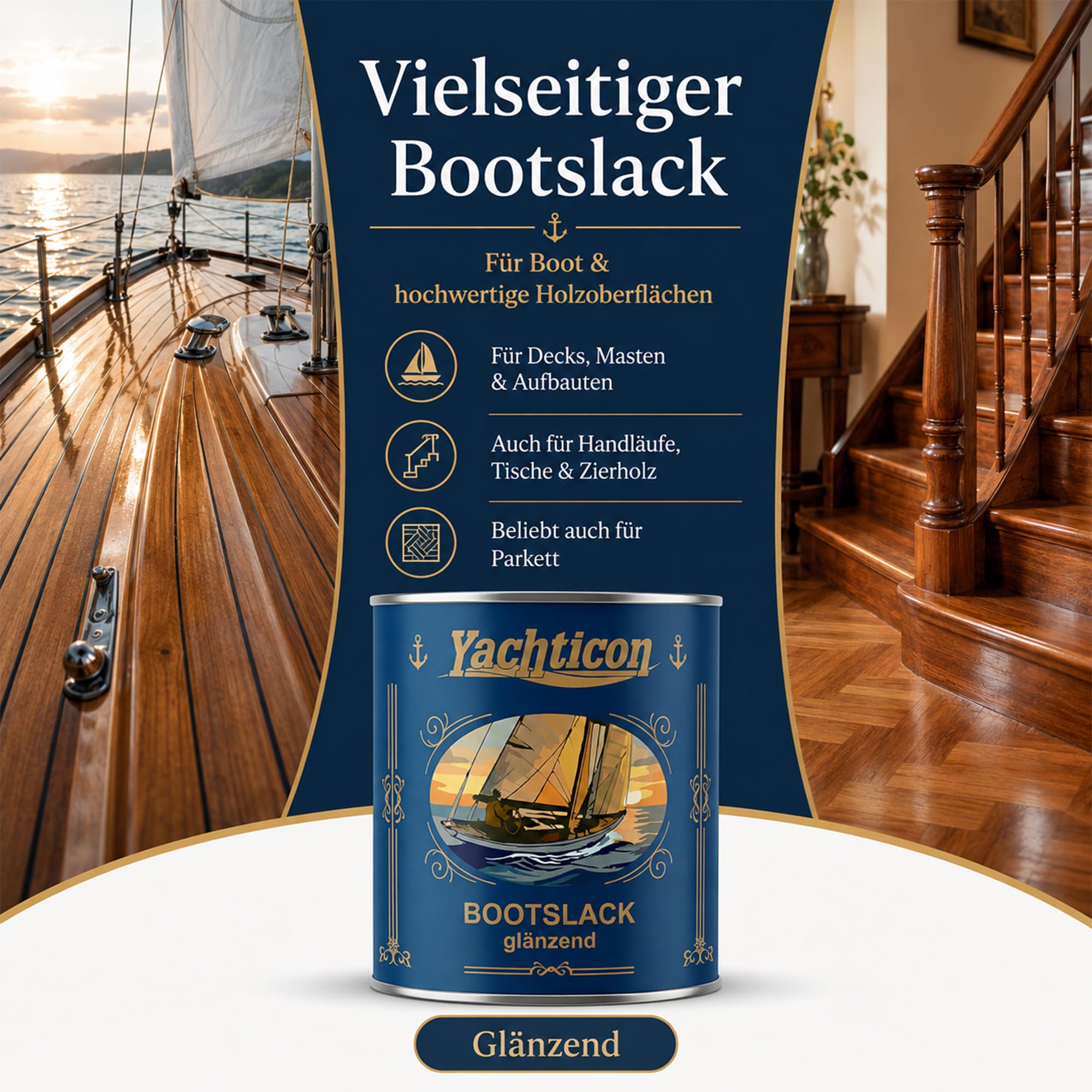 YACHTICON Bootslack 1K Klarlack | Glänzend & Seidenmatt | Premium Holzlack für Boot, Parkett & Möbel | Wetterfest, UV-Stabil & Blockfest | Made in Germany