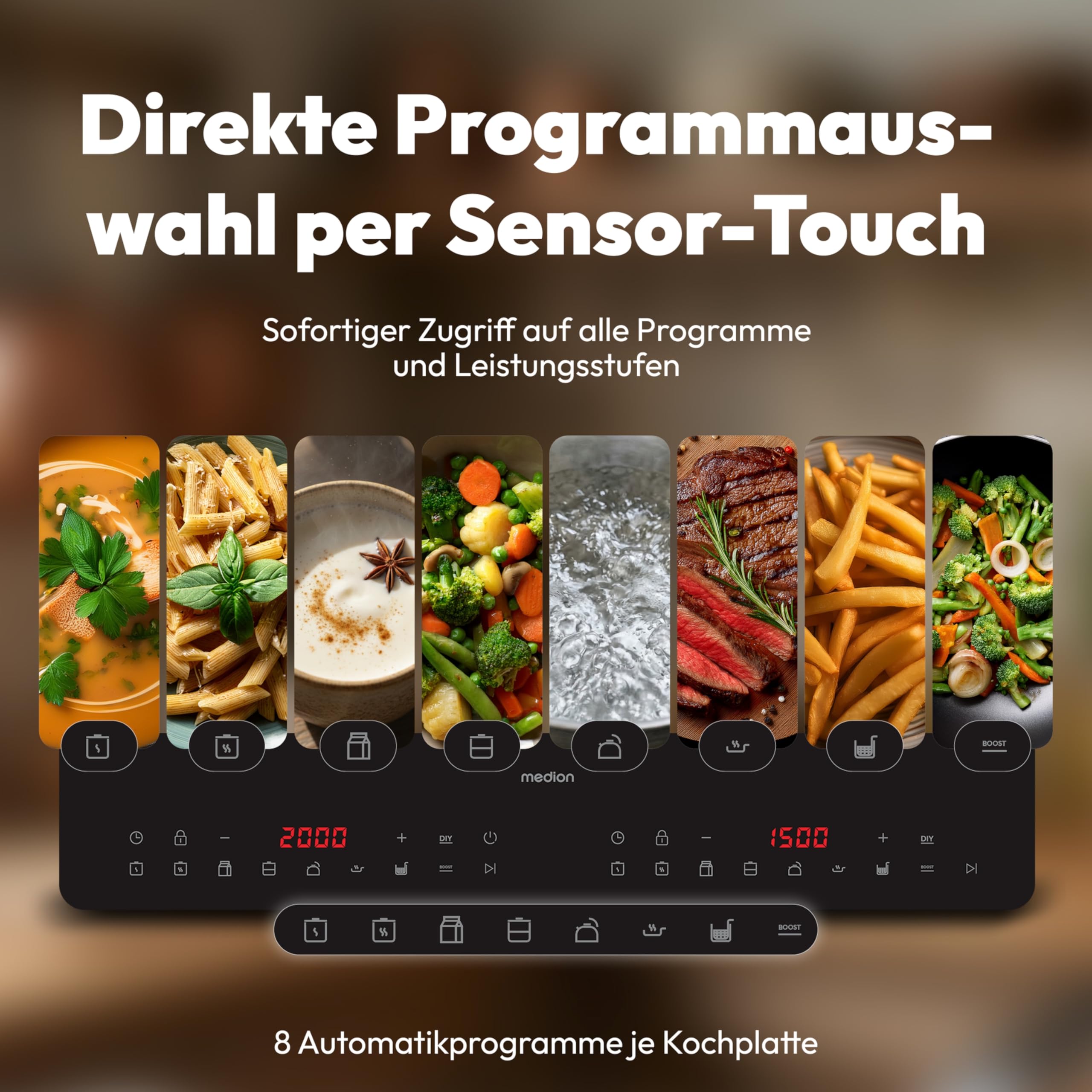 MEDION IC20D Induktionskochplatte, 2 Platten Induktionskochfeld, extra flach, 3500 Watt, 2 Kochplatten, 8 Automatikprogrammen und DIY, LED Display, Touchbedienung, nahtlose Kristallglas-Oberfläche