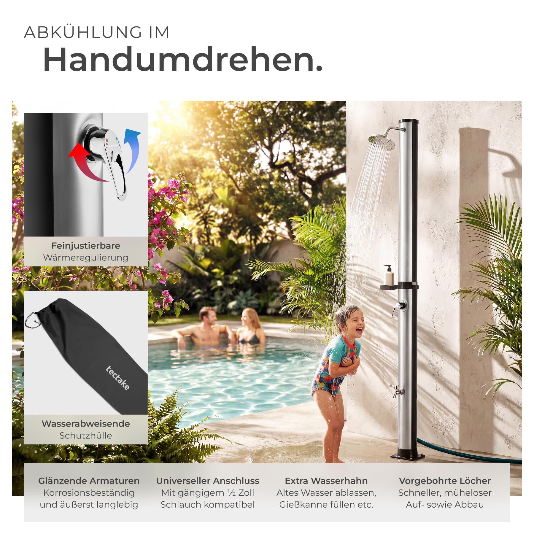 TecTake® Solardusche, 40 l, bis 60° C warmes Wasser, drehbarer Regenduschkopf, Gartenschlauch-Anschluss, Solar Dusche, Solar Duschen, Garten Solardusche, Camping Solardusche, schwarz/Silber
