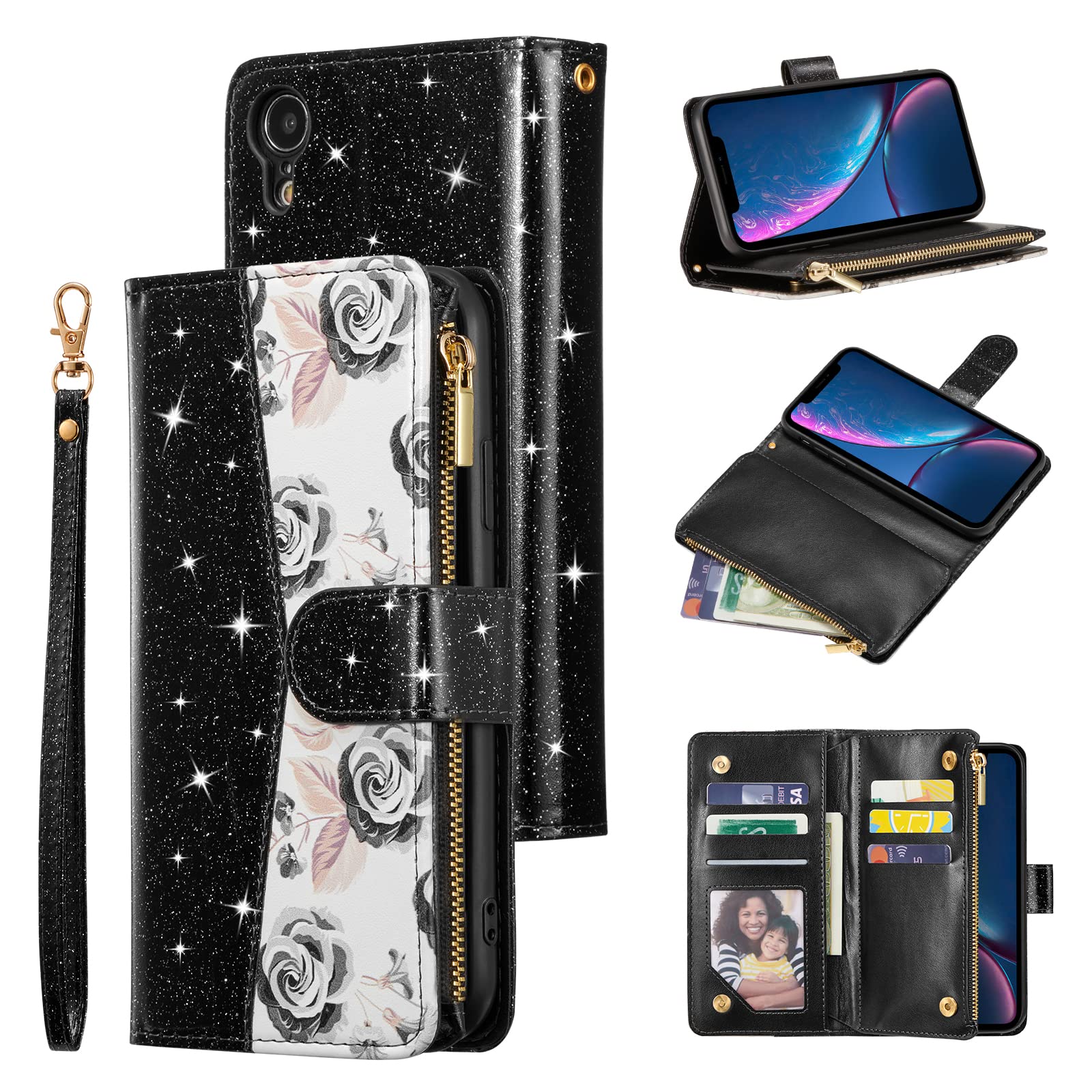 UEEBAI Wallet Case for iPhone XR, Glitter PU Leather Magnetic Closure Handbag Zipper Pocket Case Kickstand Card Holder Slots with Wrist Strap TPU