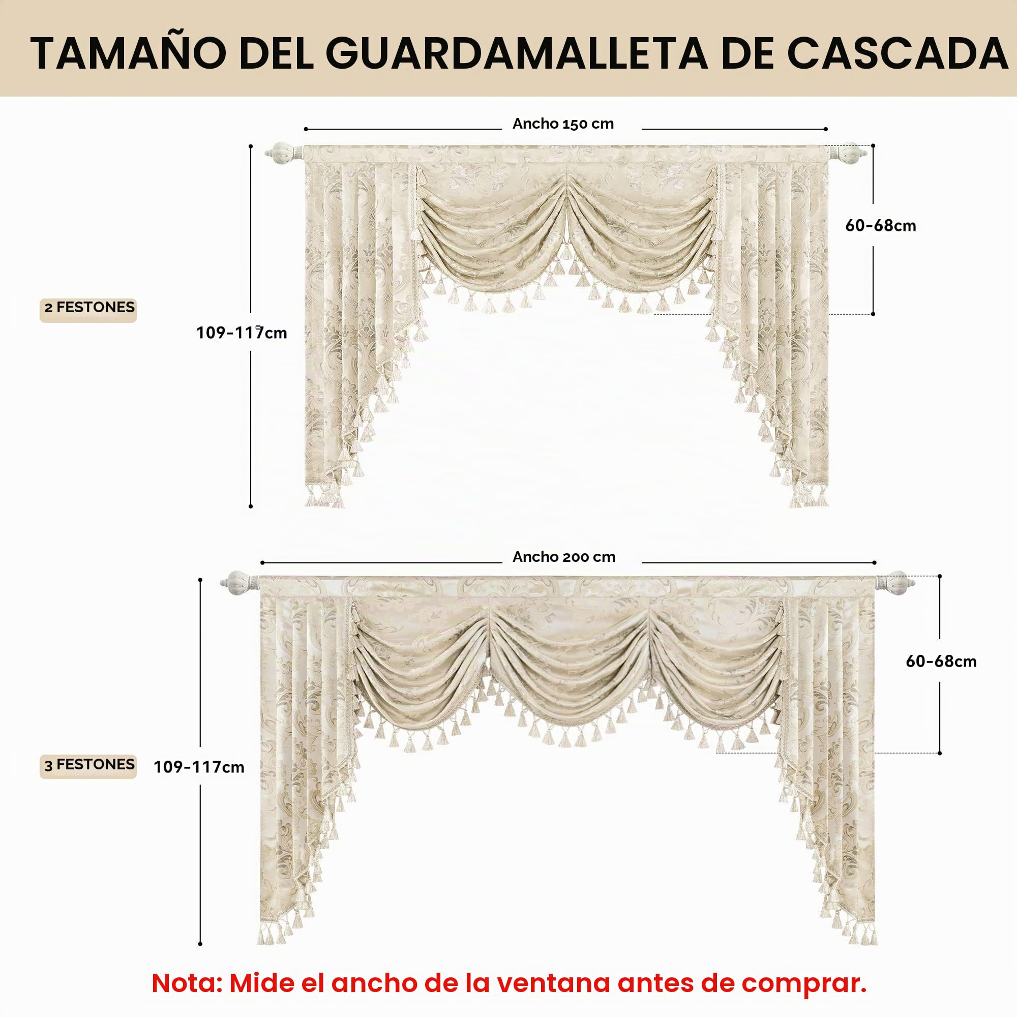 Cenefa para Ventanas, Cenefa de Cascada de Damasco con Borlas, Cortina Corta para Dormitorio Salón Cocina (Ancho 150cm, Beige)