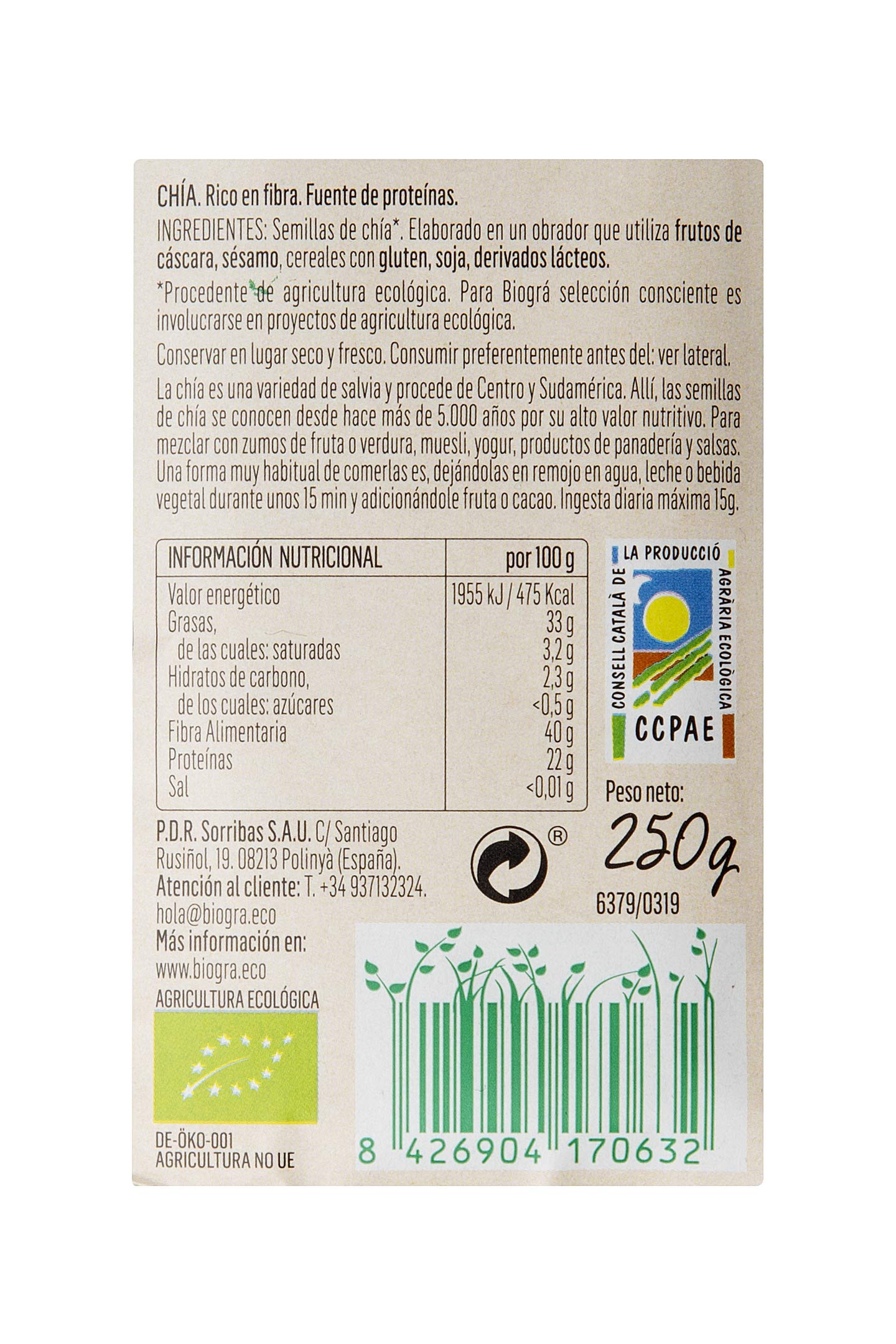 Semillas de Chía Crudas Naturales 250g BIOGRÁ