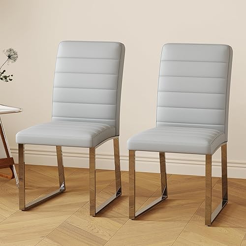 Miniatura 22 de Juego de 4 sillas de comedor modernas, sillas de cocina de piel sintética gris, sillas de comedor tapizadas sin brazos con patas mentales plateadas,