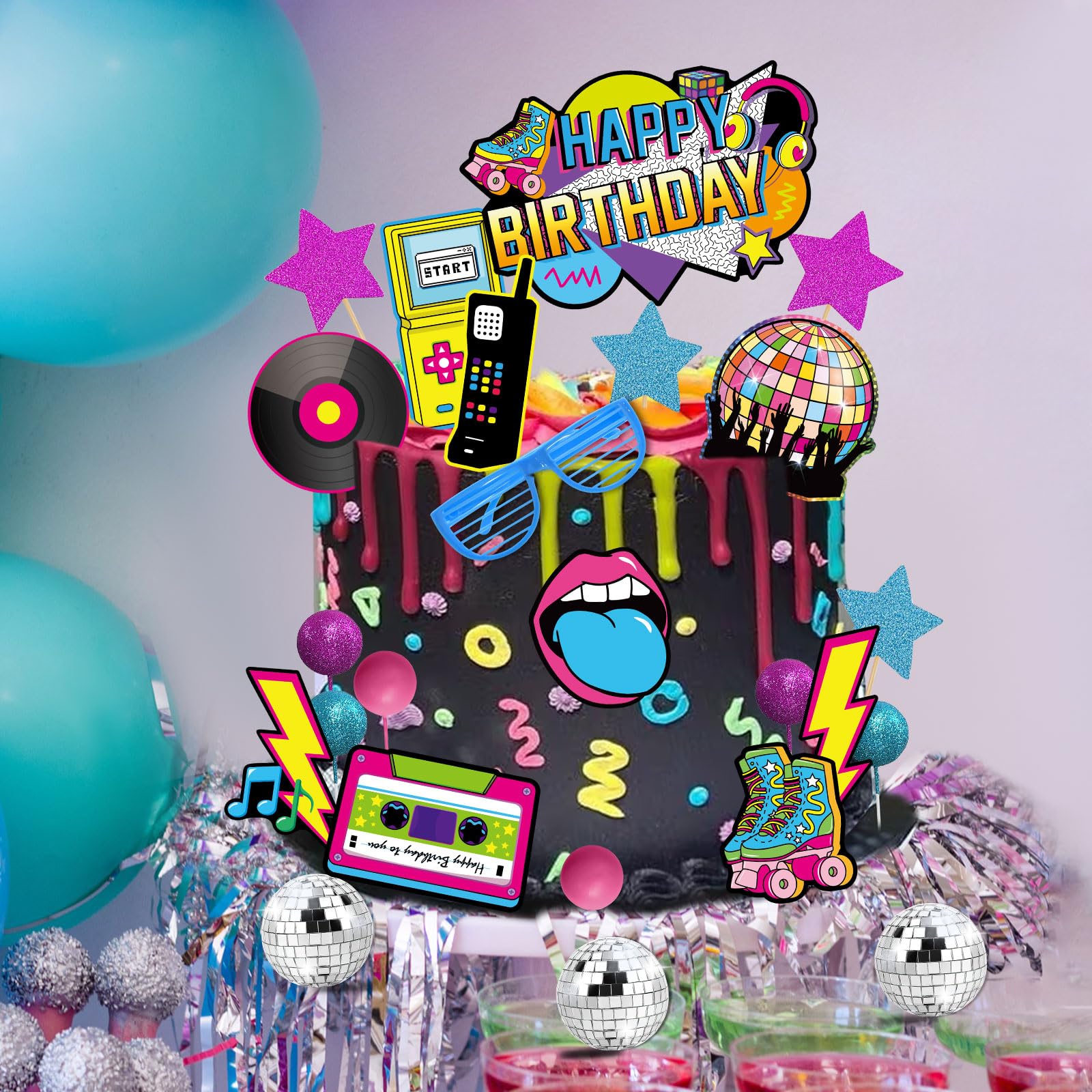 LaVenty Decorazione Per Torta Cantante – Kit Completo Con Scritta, Palline Disco E Farfalle Per Festa Di Compleanno A Tema Musicale