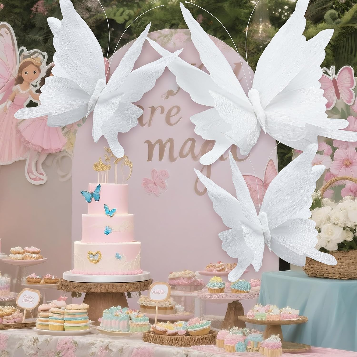 Honoson 3 Pcs Large Butterfly Party Decorations Hanging 3D Crepe Paper Butterfly Decoration Giant Supply for Wedding Party Birthday Baby Shower Garden Wall(White,11inch,20 Inch) - Image 2