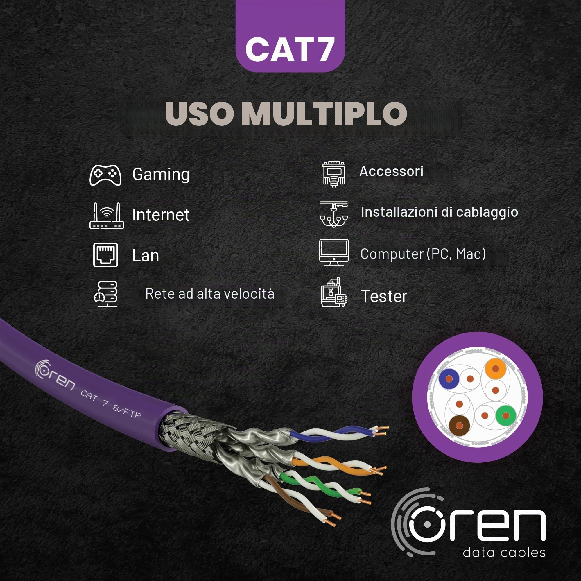 Oren CAT7 100m Cavo Ethernet – 23 AWG Cavo in Rame Nudo – B2ca - 900 MHz Larghezza Banda S/FTP Cavo di Rete LAN Internet, senza alogeni, anticorrosivo, antifiamma – 10GbE