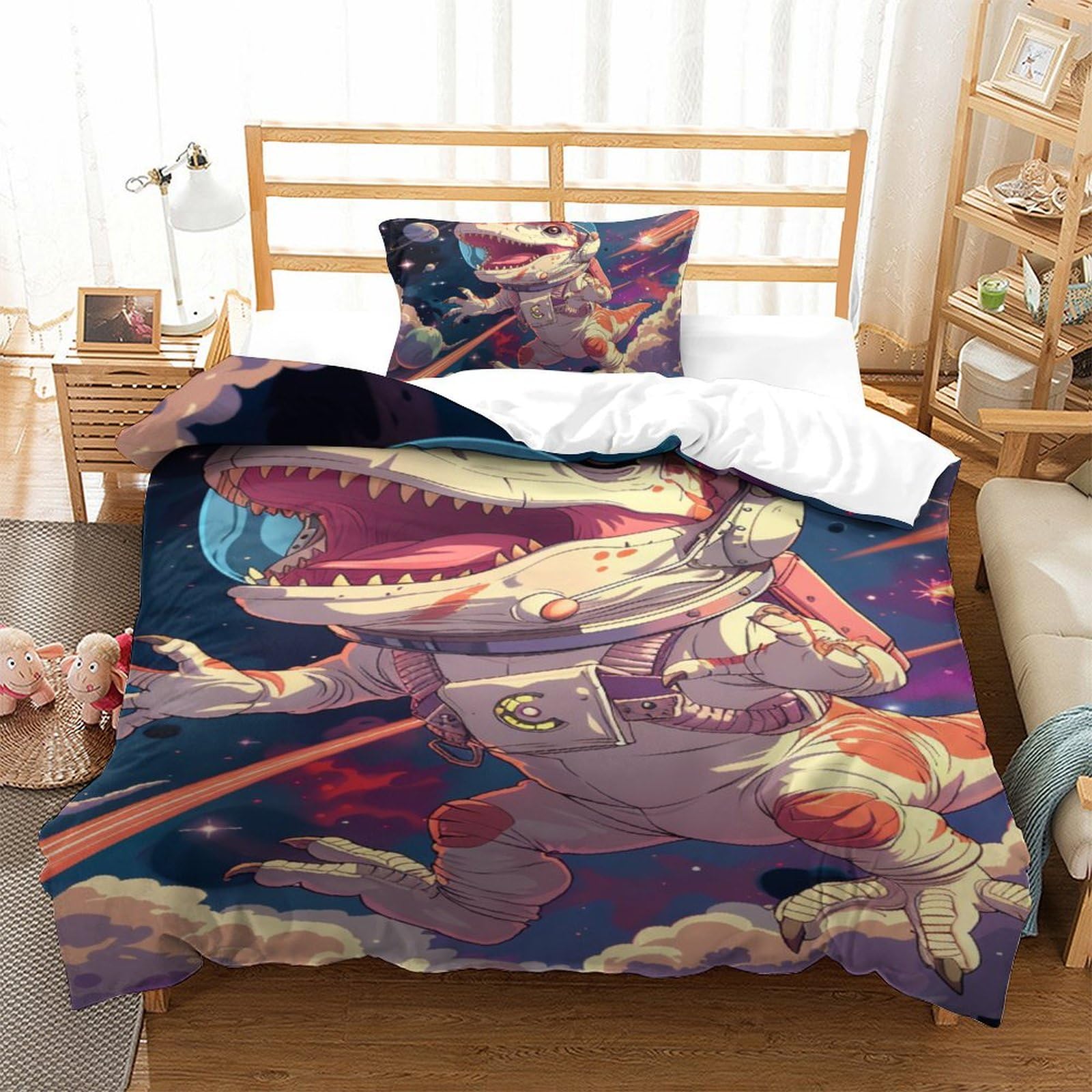 Housse de couette dinosaure anti-plis en microfibre respirante 135x200cm 3 pièces