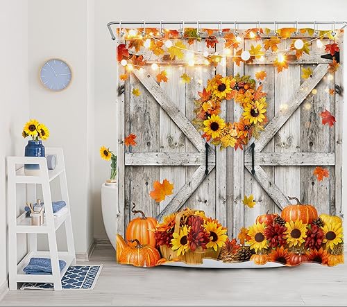 Miniatura 2 de Cortina de ducha y alfombras de baño de otoño de granja, hoja de arce naranja y hongo en puerta de granero occidental, cortina de ducha rústica de